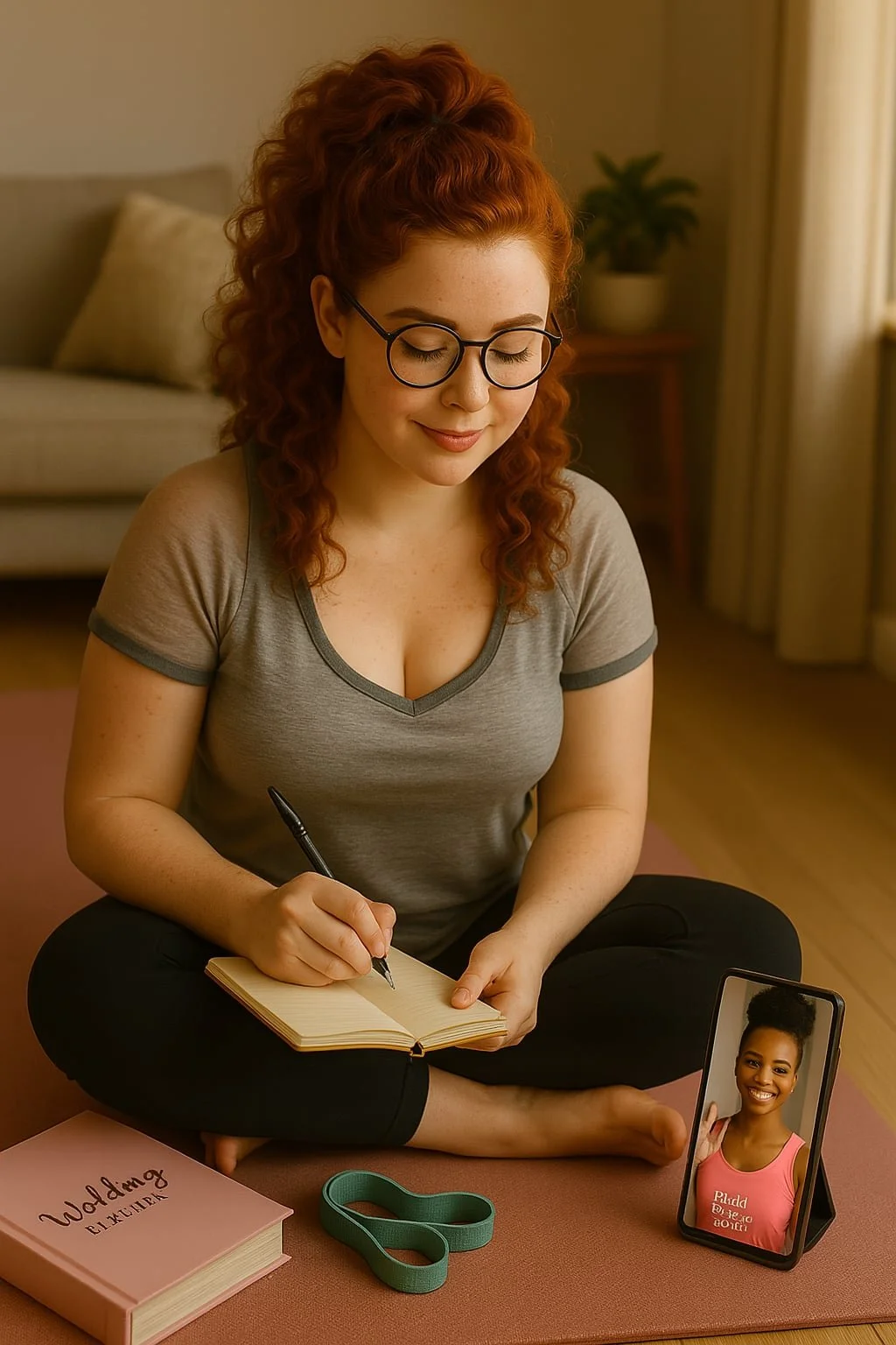 Page, a freckled red-haired bride-to-be sits cross-legged on a yoga mat, writing in a journal beside a wedding planner and resistance band while her coach Tammy waves from a phone video call.