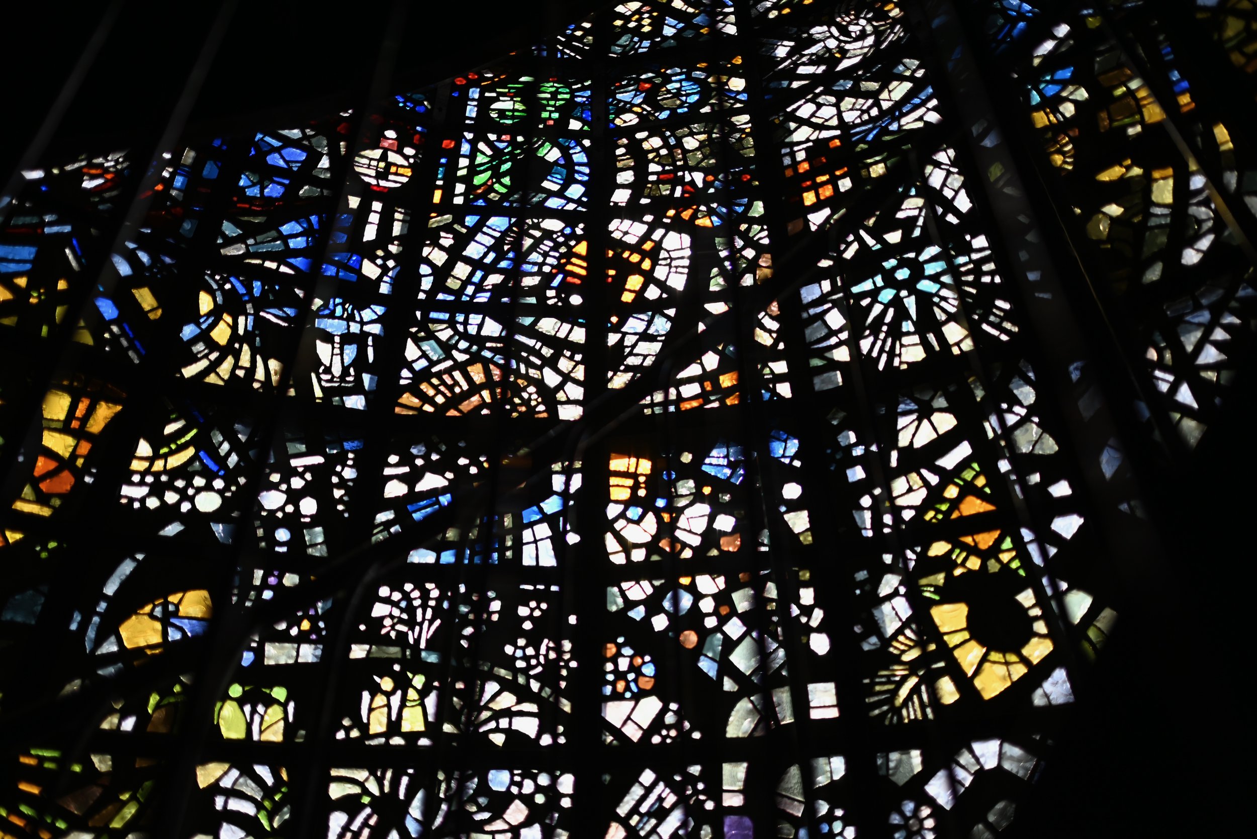 View from the staircase of the stained glass tower in the Hakone Open Air Museum. The tower has 480 panels of stained glass.