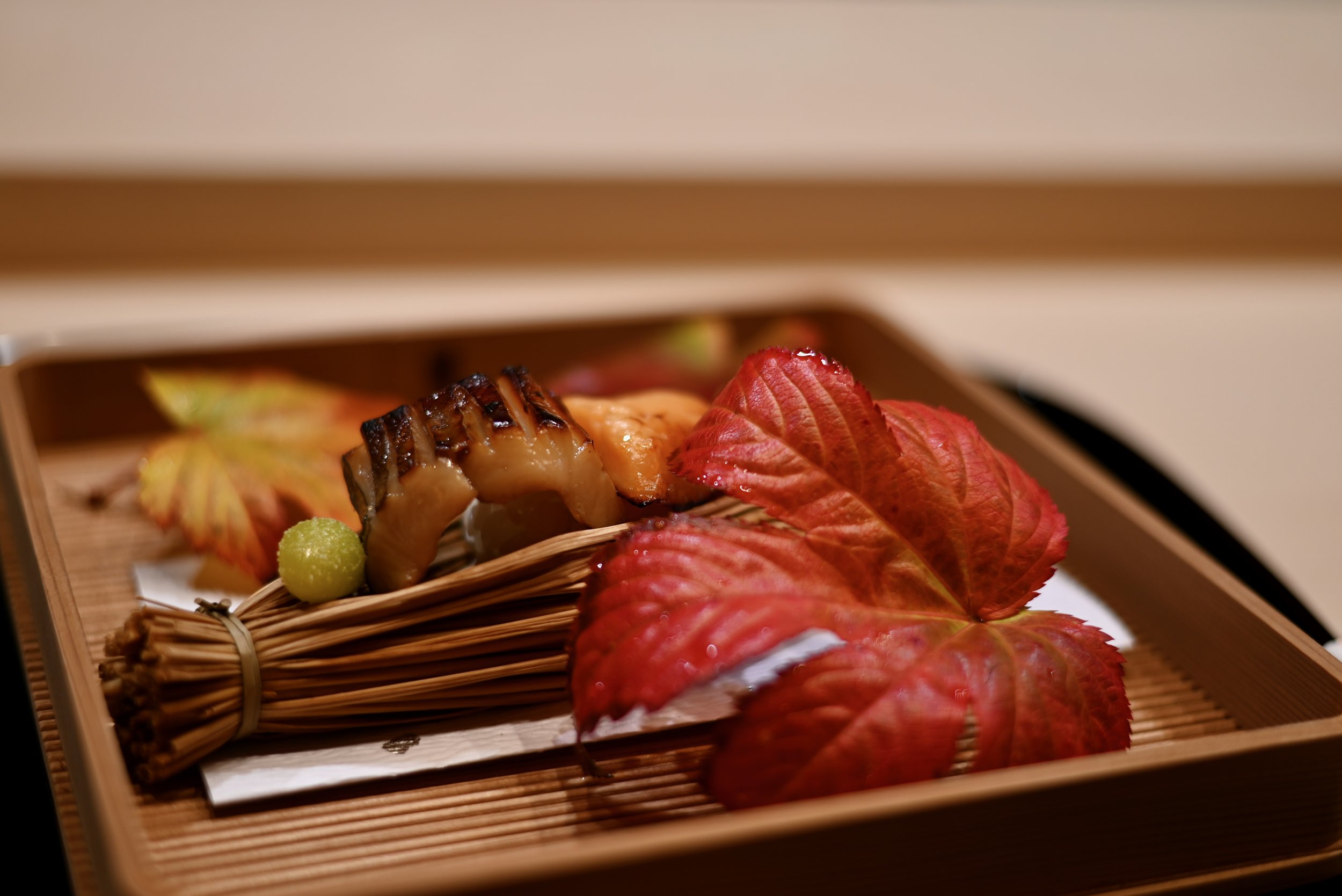 Charcoal grilled salmon with miso at Gion Fukushi, a kaiseki restaurant in Kyoto.
