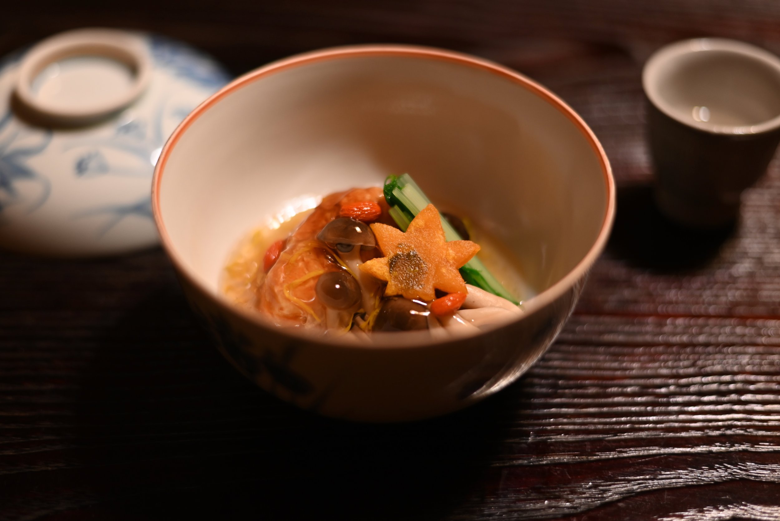 “Un Pen”, a thick, traditional 17th century Chinese Soup made of mushroom, goji berries, sweet potato, and other ingredients. This soup was part of a tasting menu at Bon Taito, a vegan restaurant in Tokyo. Bon Taito specializes in Fucha Ryori, a typ