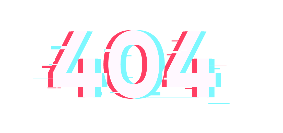 The number 404 with glitch effects on a black background.