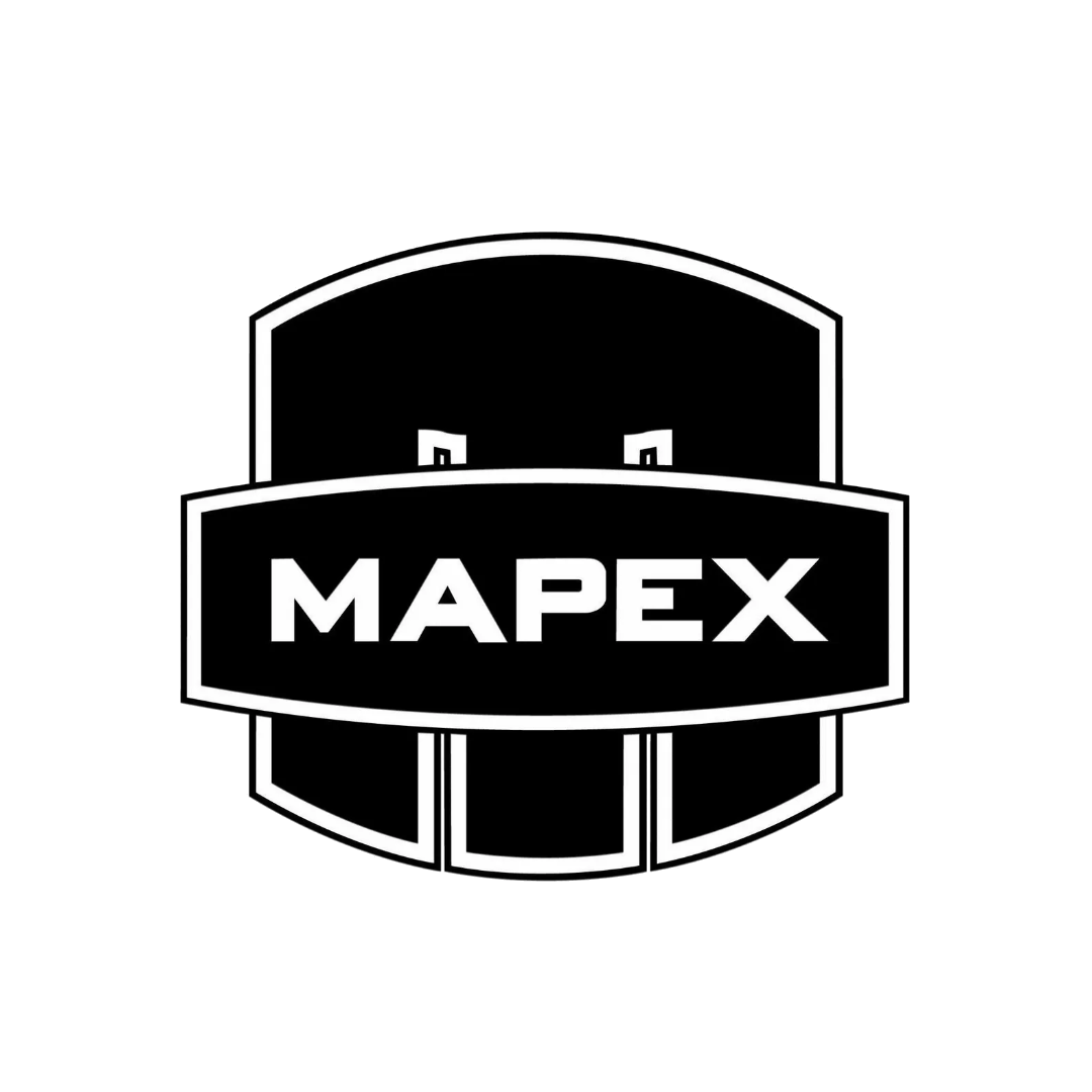 Mapex logo, white text on black background with shield outline