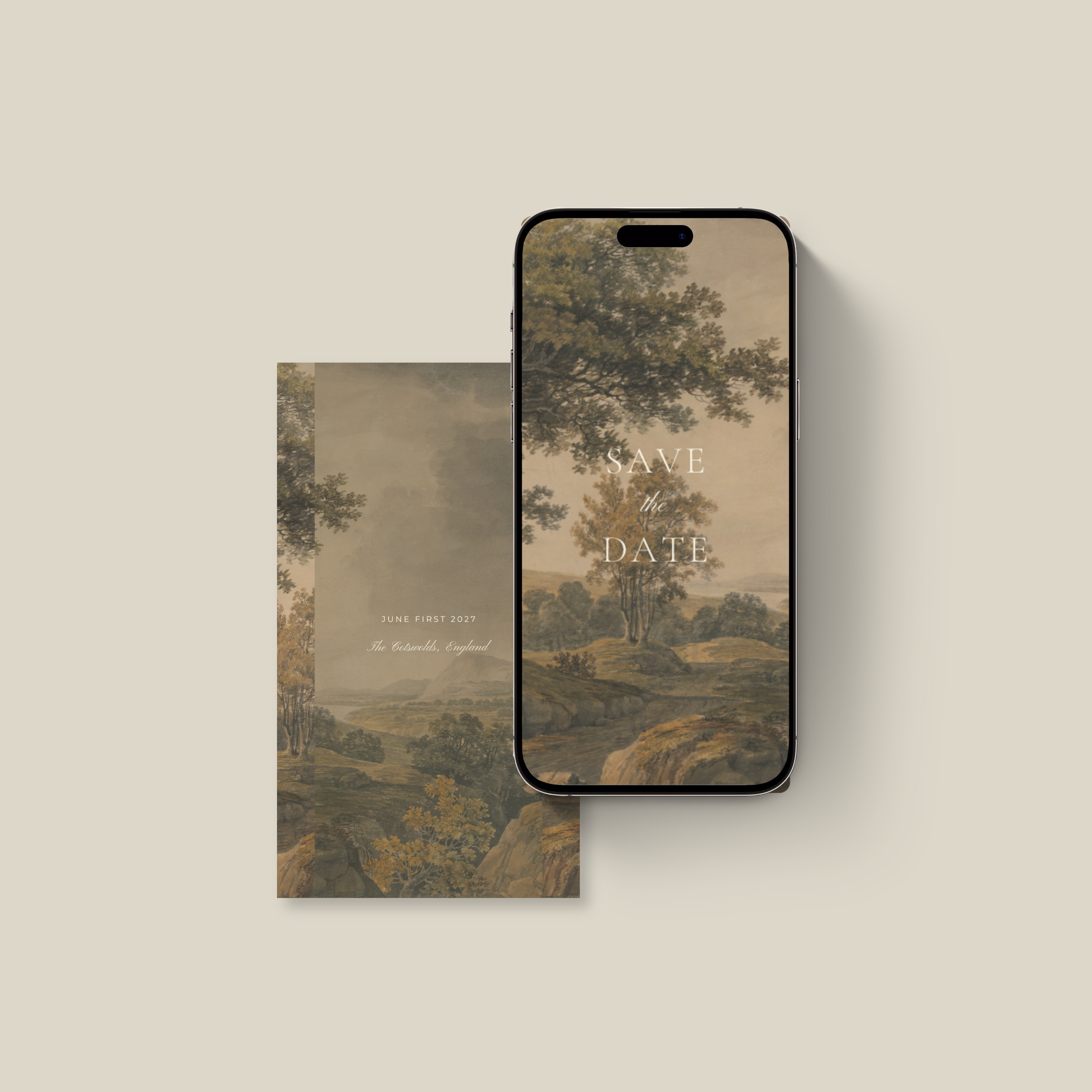 Smartphone with a landscape nature scene on the screen, displaying trees and a cloudy sky, placed on a light-colored surface with a slight shadow.