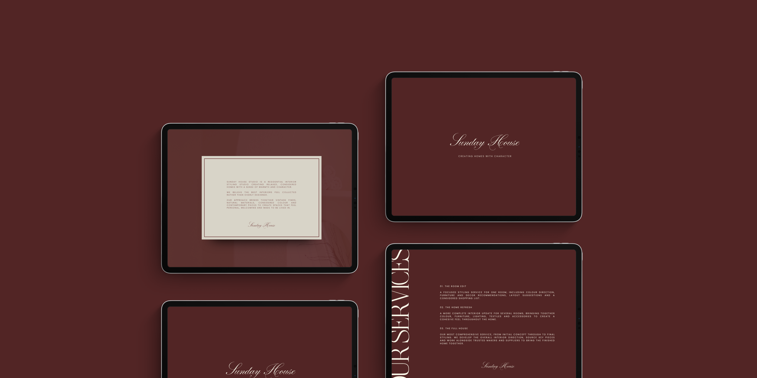 Multiple digital tablets displaying interior design branding and information, placed on a dark red background.