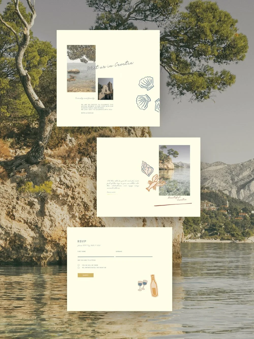 A few details from Maya &amp; Charlie&rsquo;s custom wedding website.

The brief was to create a wedding website that captured the feel of their Croatian destination wedding, with a relaxed, playful Mediterranean aesthetic and a personal, slightly ed