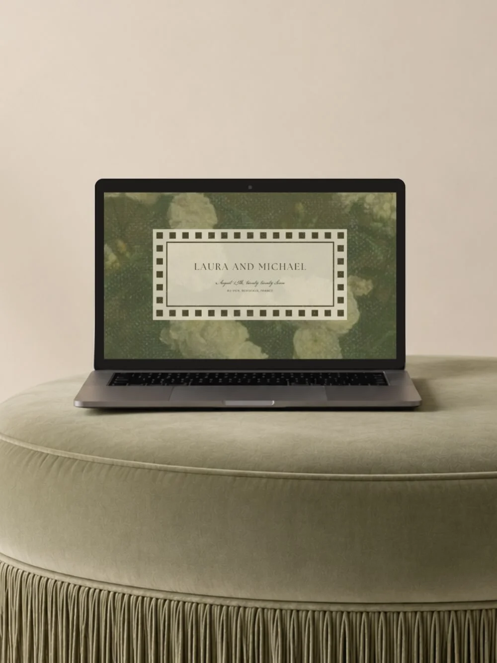 Inspired by the lush gardens and romantic surroundings of their French wedding venue, Laura &amp; Michael&rsquo;s custom wedding website.