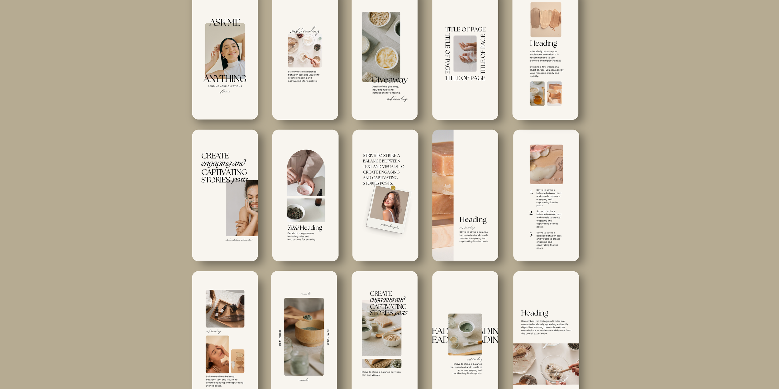 Multiple screens displaying a presentation template with images and text, including skincare, food, and lifestyle themes.