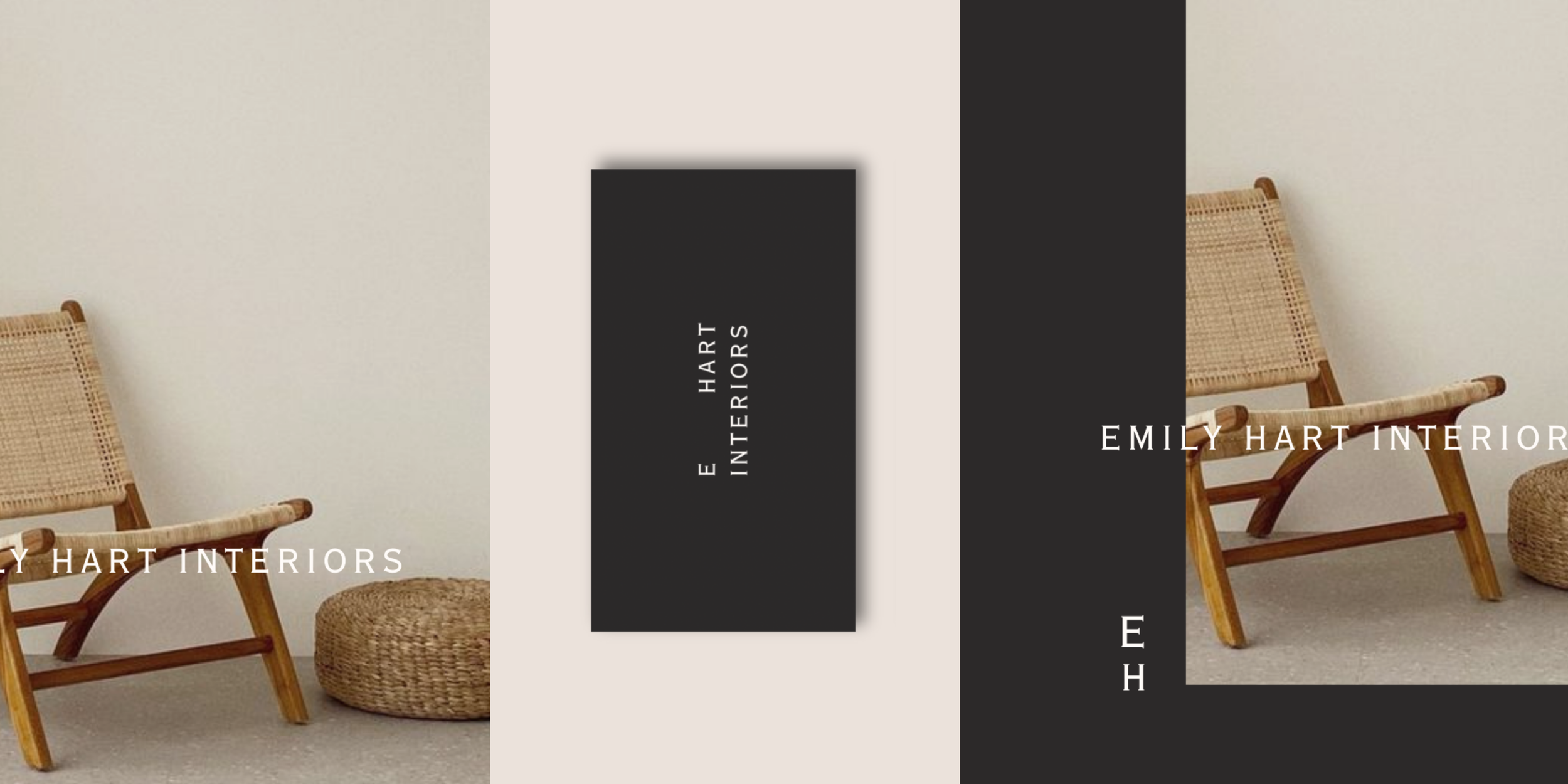 Image with interior design chairs and a black and white vertical banner that reads 'Emily Hart Interiors' and includes a smaller text 'E Hart Interiors' on the bottom left.
