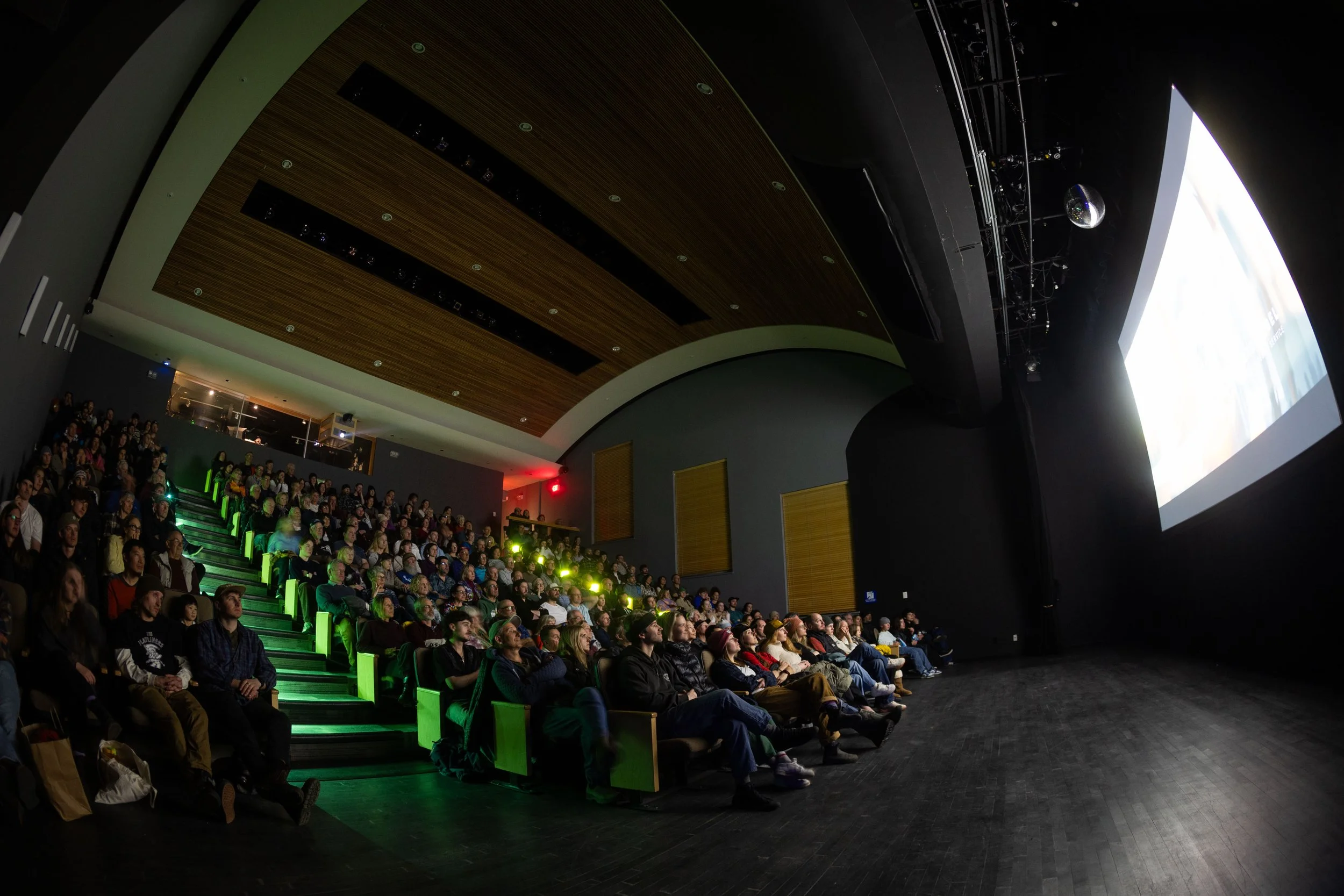 Audience watching a movie or presentation in an auditorium with a large screen and tiered seating.