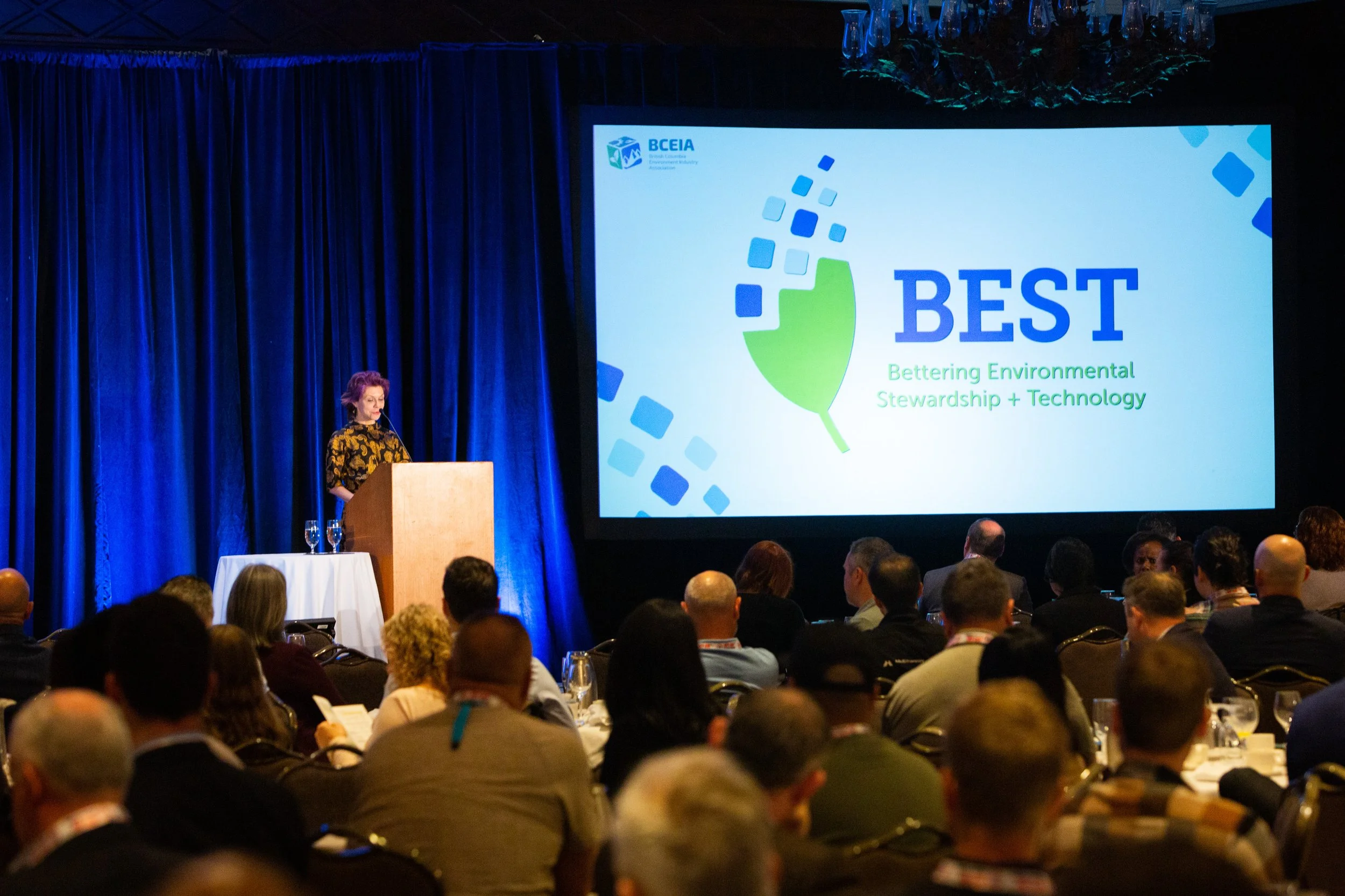 Speaker at environmental conference with audience, large screen displaying 'BEST: Bettering Environmental Stewardship + Technology.'