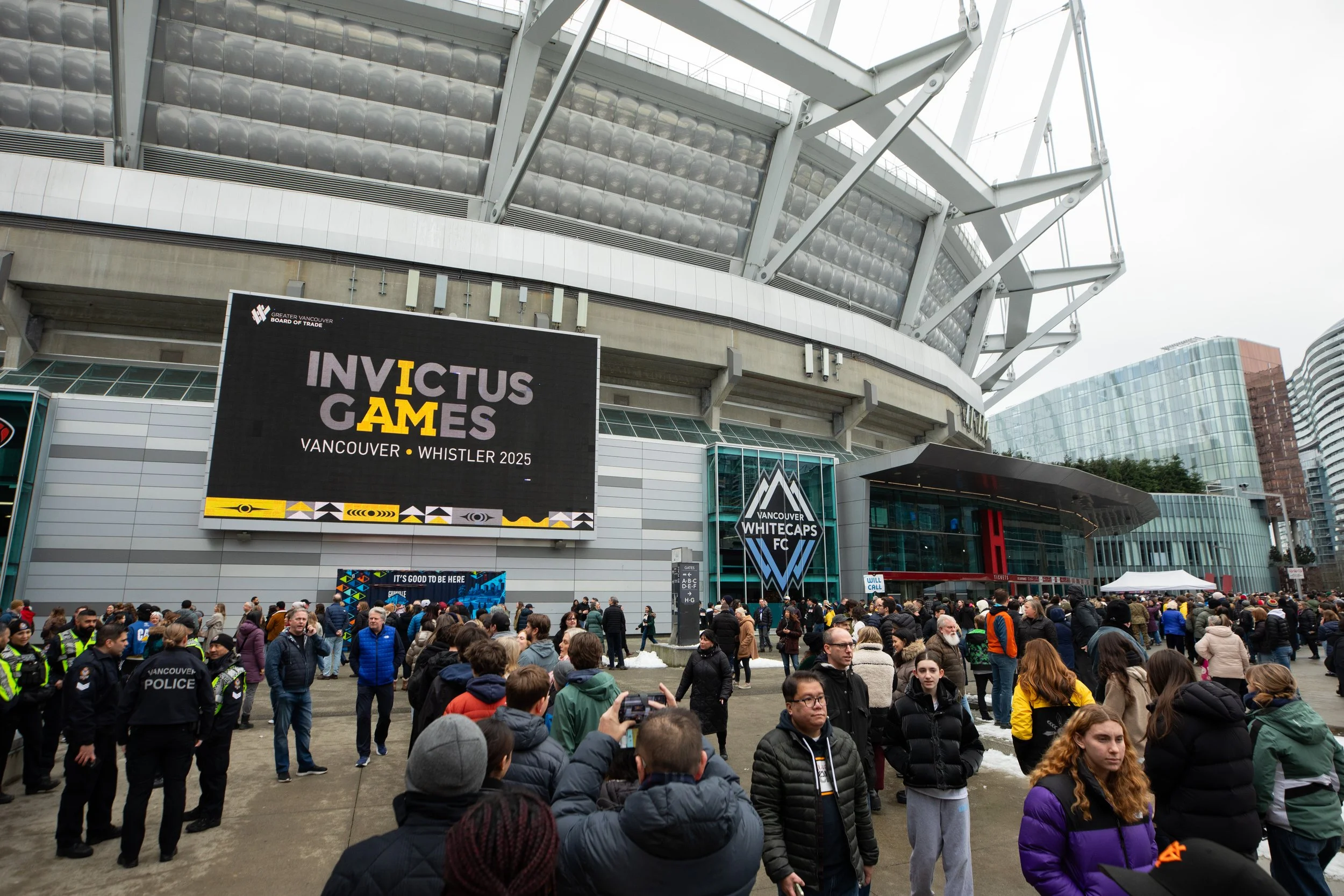 Crowd gathered outside Vancouver's Vancouver Whitecaps FC stadium for the Invictus Games 2025 event.