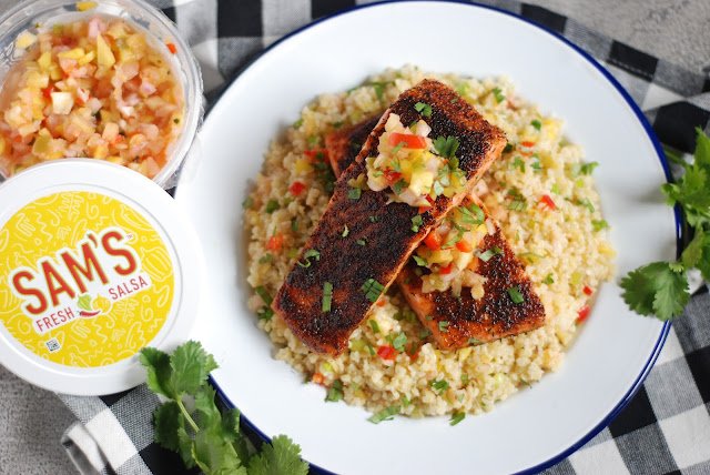 Fleur Delectable Blackened Salmon with Pineapple Mango Salsa Tabouli.JPG