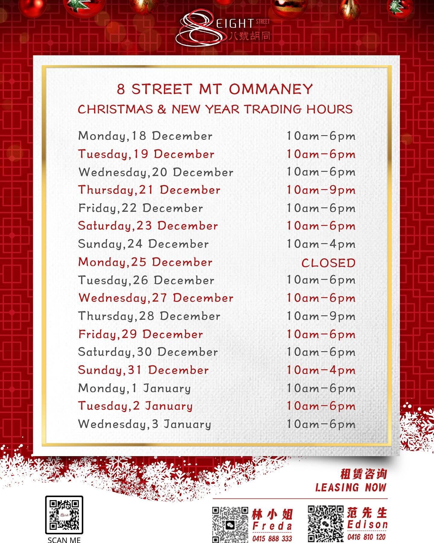 Please check out our 3 stores new trading hours for Christmas &amp; New year ~😝