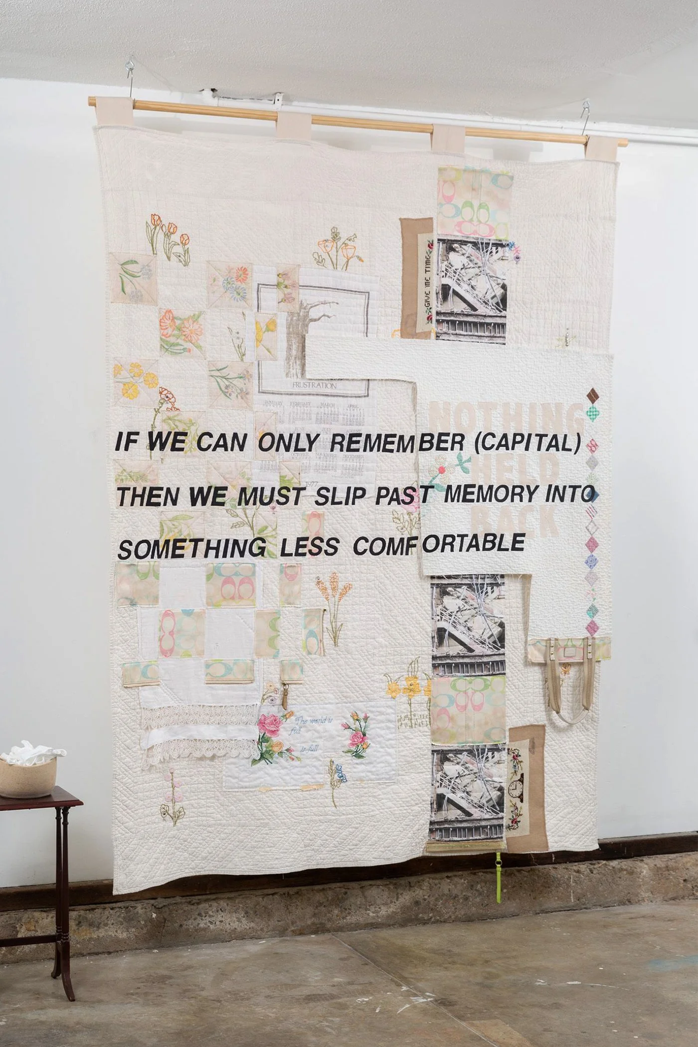 Flora Wilds, "IF WE CAN ONLY REMEMBER," 2021, Quilts, coach purses, canvas, 6ft x 7.5ft x 3in.
