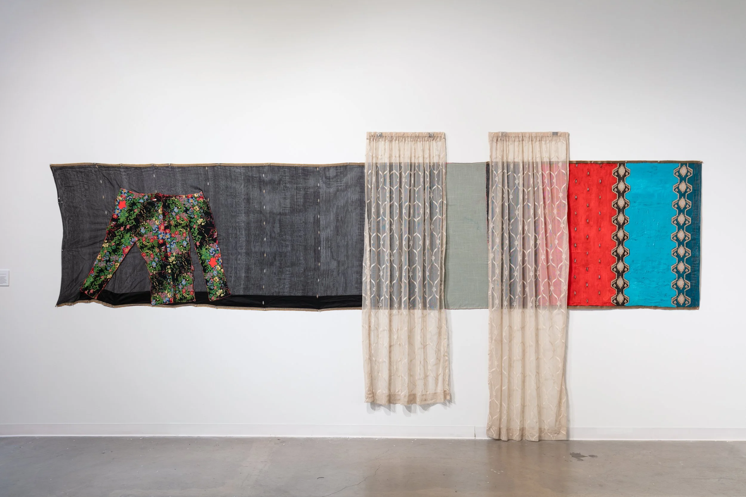 Sarah Darlene, "Petition For Change Of Name," 2024. Acrylic, canvas, thread, etc, 96in x 204in. Photo by Wes Magyar.