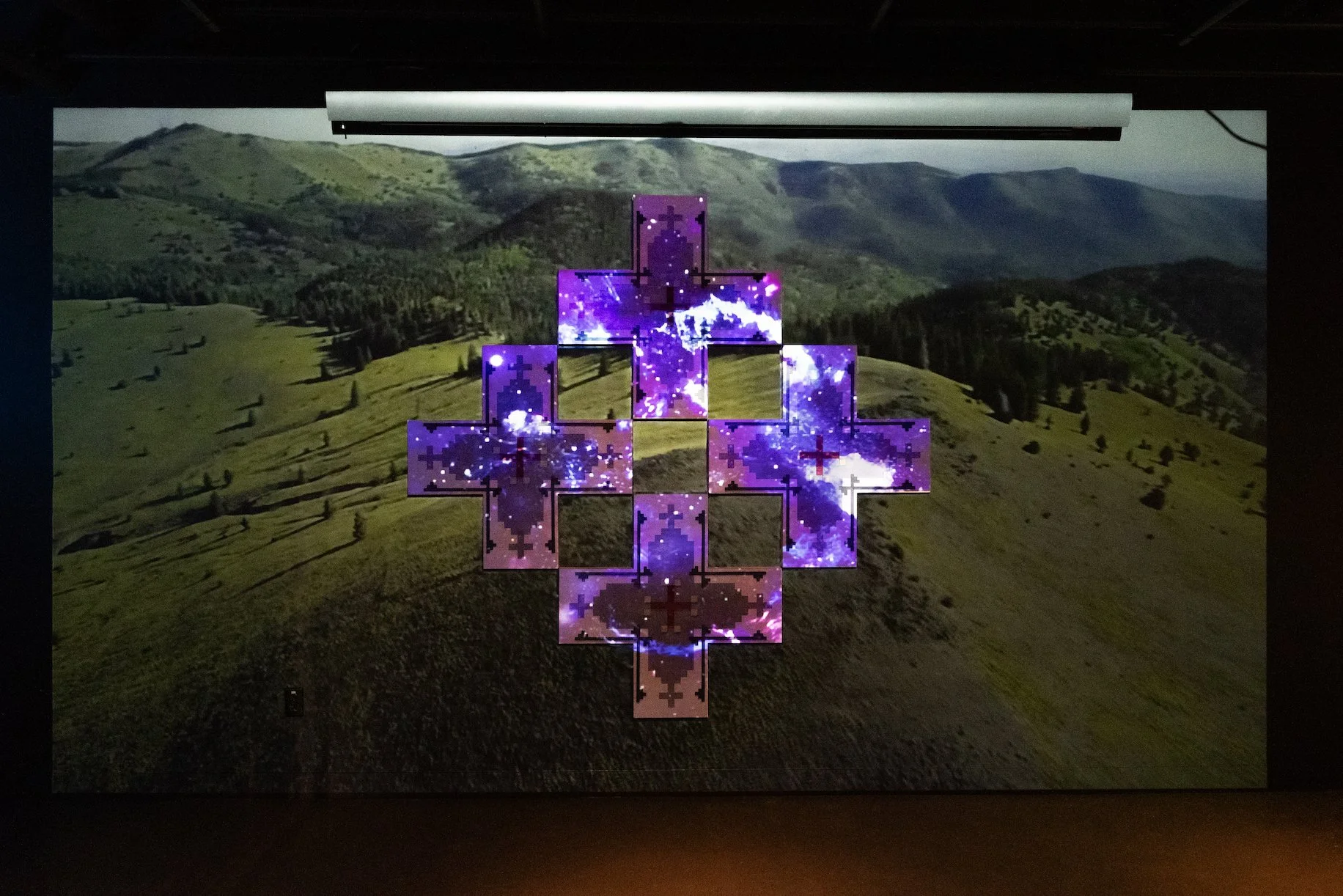 JayCee Beyale, "Nishłį (I am)," 2025, Wood Panels with wood stain and acrylic ink, visual projection, Dimensions variable.