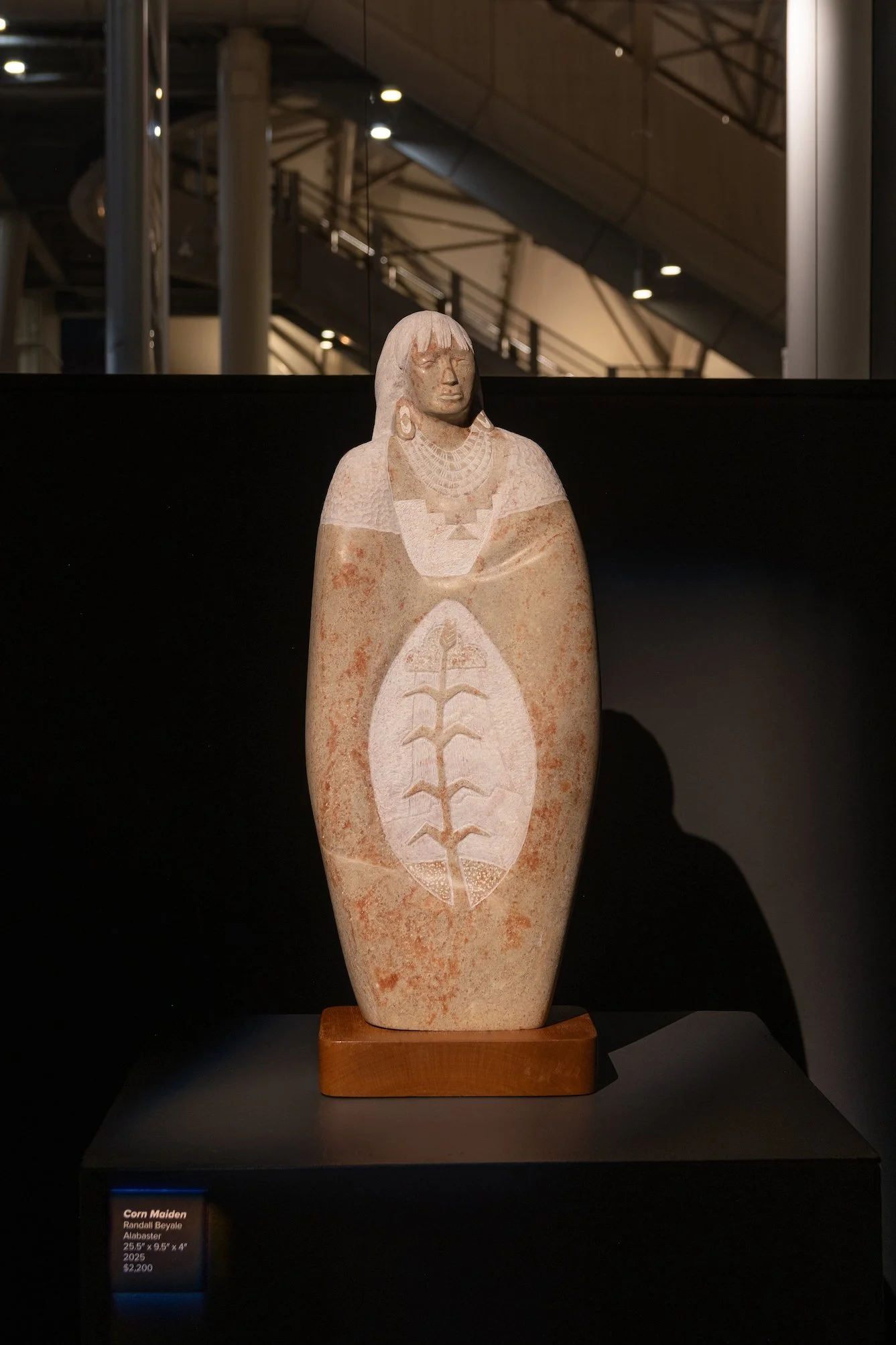 Randall Beyale, "Corn Maiden," 2025, Alabaster, 25.5′′ x 9.5′′ x 4′′. 