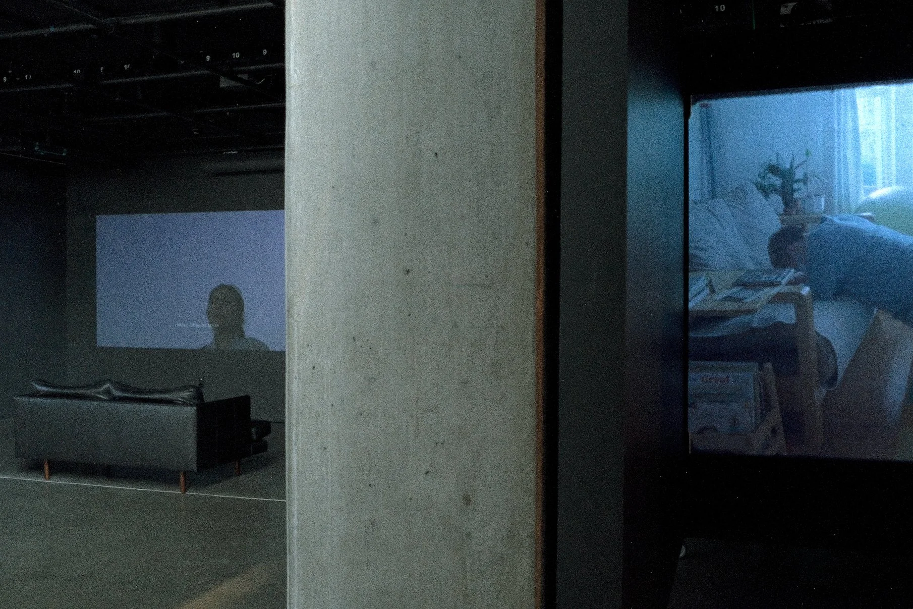 Esy Casey, "A Movement Against the Transparency of the Stars of the Sea," 2023, 30:00, multi-channel projection (left). Mars Saude, "Contraction/ Expansion," 2021, 16mm to digital (right). 