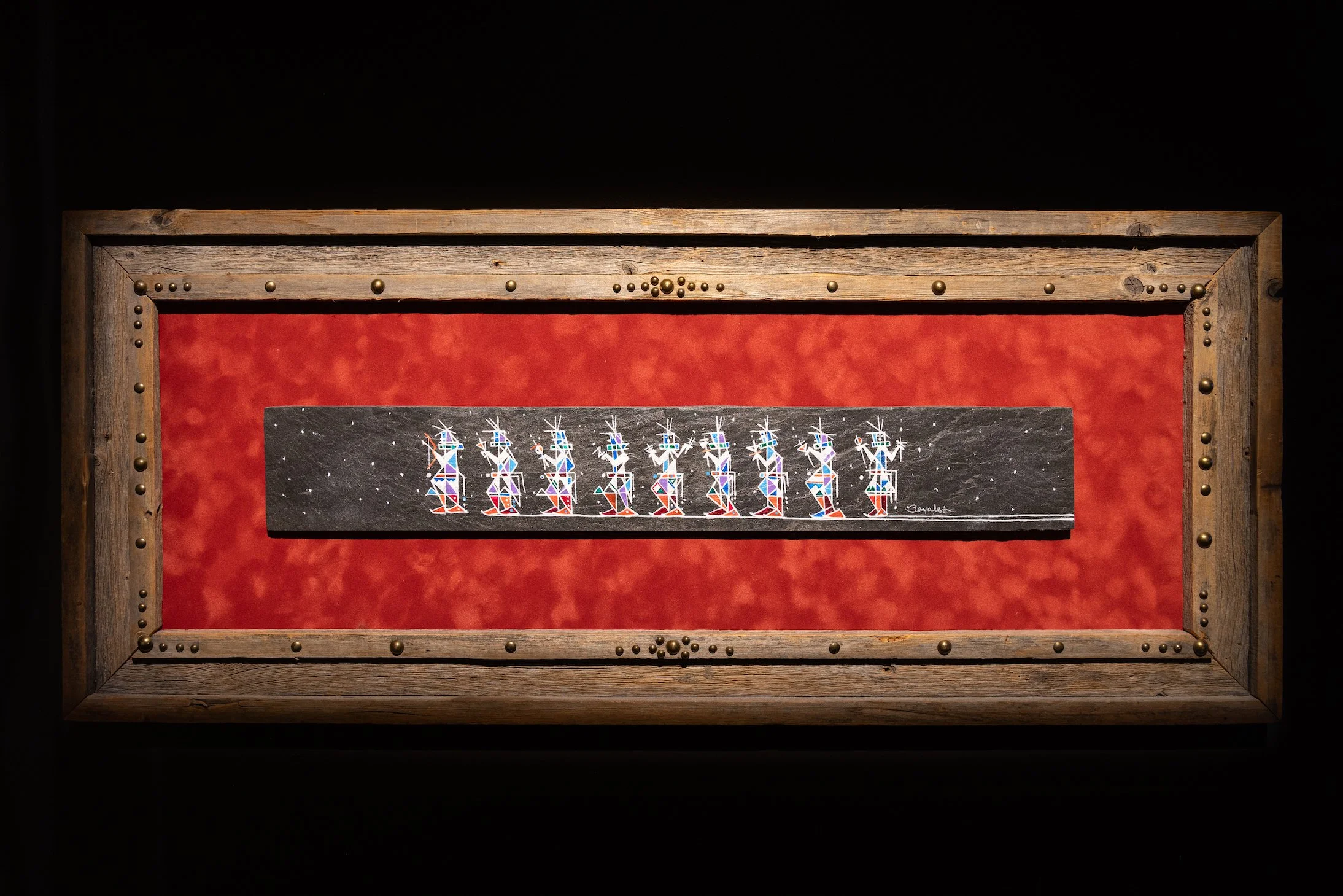 Wayne Nez Beyale, "Starry Knights", 2024, Acrylic on black slate stone, 3.5′′ x 23′′.