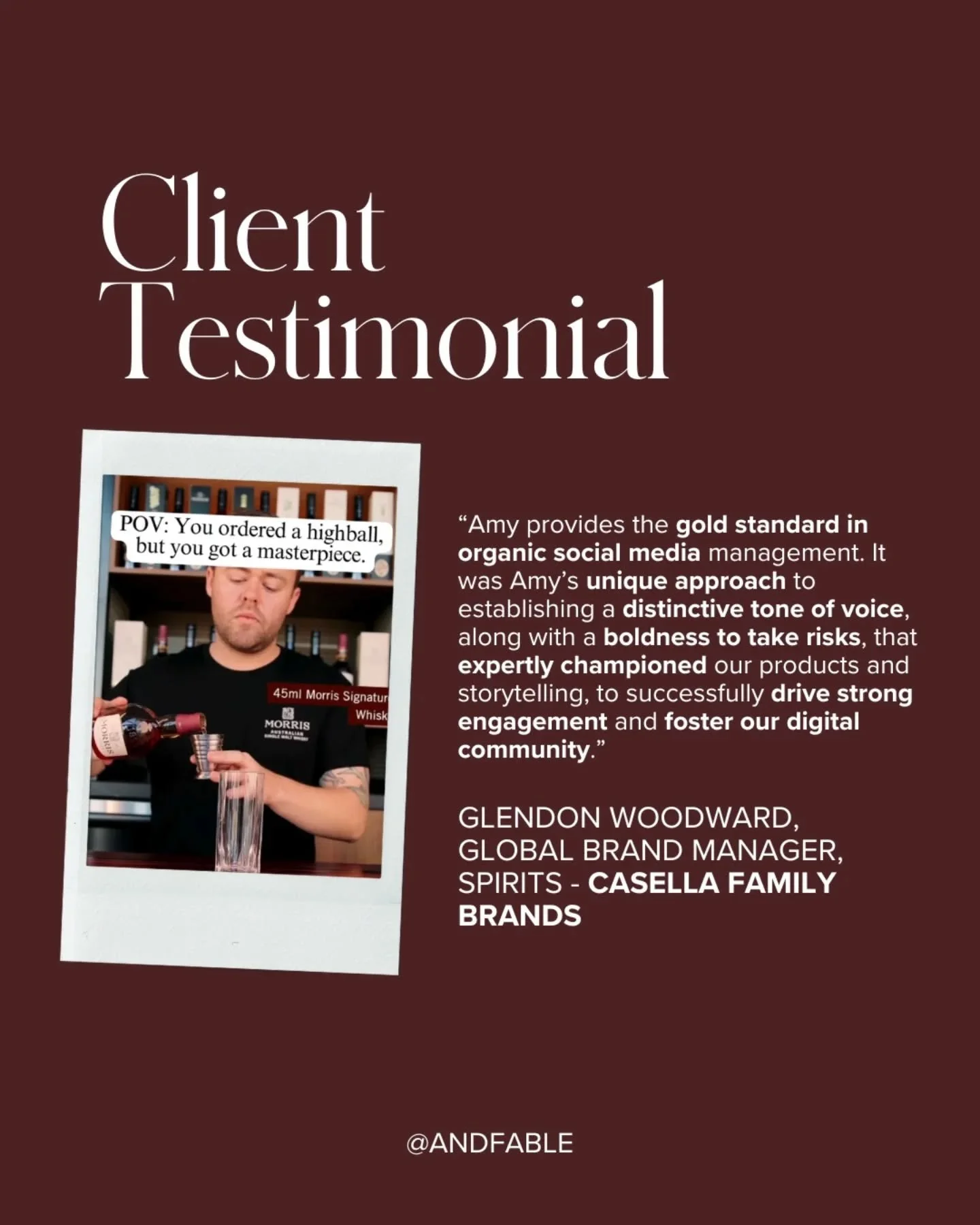 🔥 CLIENT WINS INCOMING 🔥
I took an award-winning Australian whisky brand and flipped the script on their socials within 2 months, and saw:

+179% followers
+75% reach
86.17% engagement on FB (yes, really)
20.23% ER on IG (industry average is <2%