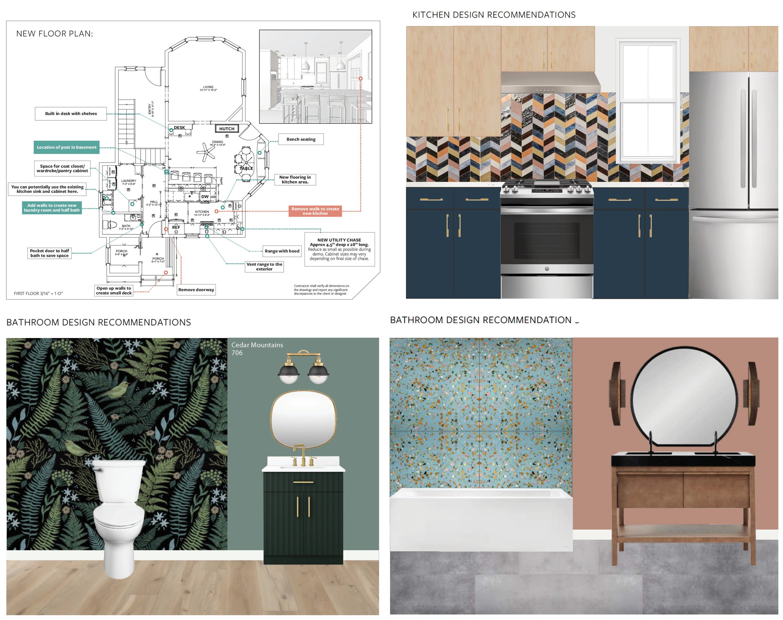 Detailed plan of first floor renovation plan included a relocation of half bath and laundry, relocation of kitchen, and removal of walls to open up the floor plan. Also included in this renovation project were interior design recommendations for the 