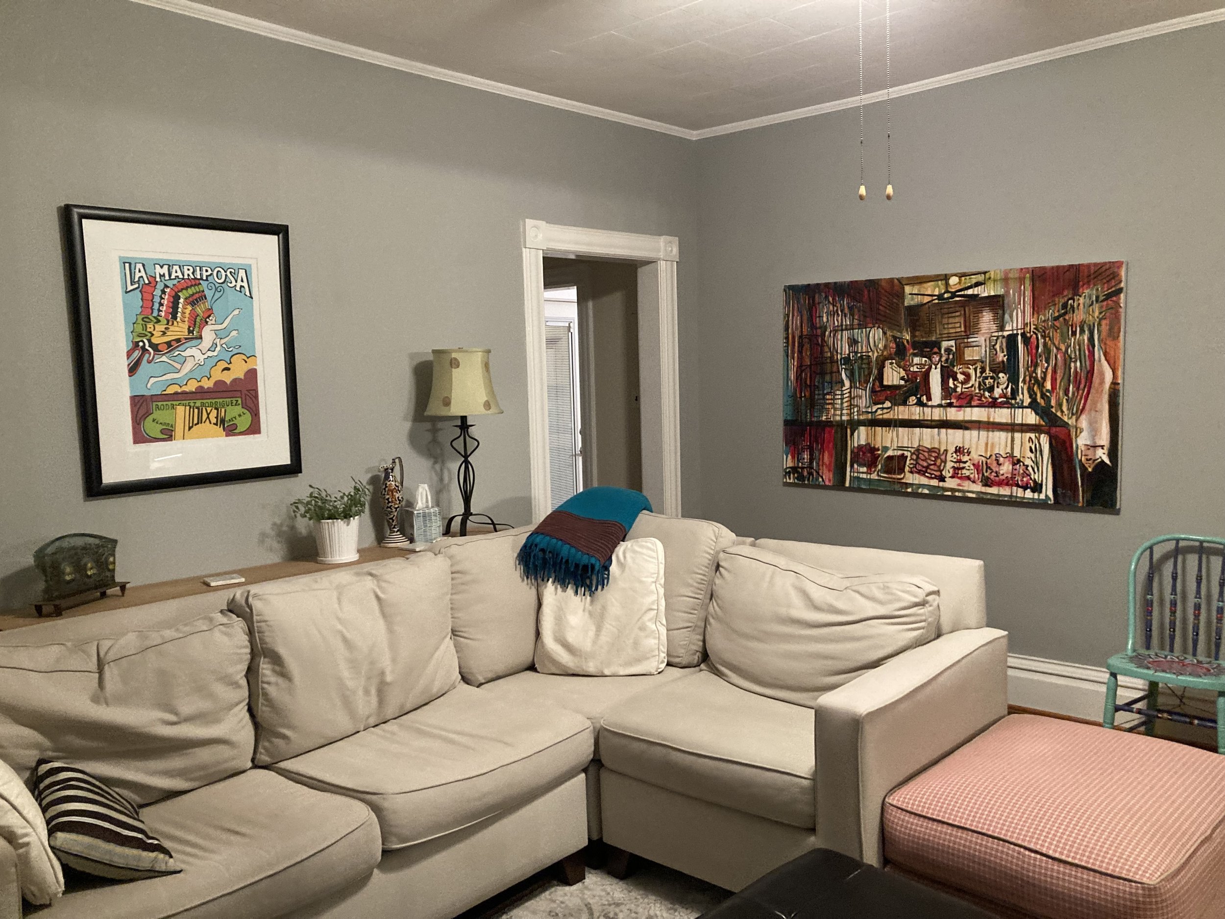 Former living room. The sofa wall is where the kitchen cabinetry was installed in the new plan.