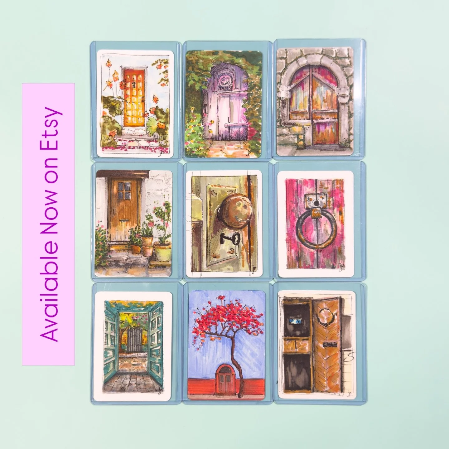 Door Series ACEO art cards are now available on my Etsy shop.
Each one is hand-drawn with alcohol markers, signed, and one of a kind.

Mini original artwork focused on doors and entryways.
Once they&rsquo;re gone, they&rsquo;re gone.

Available now &