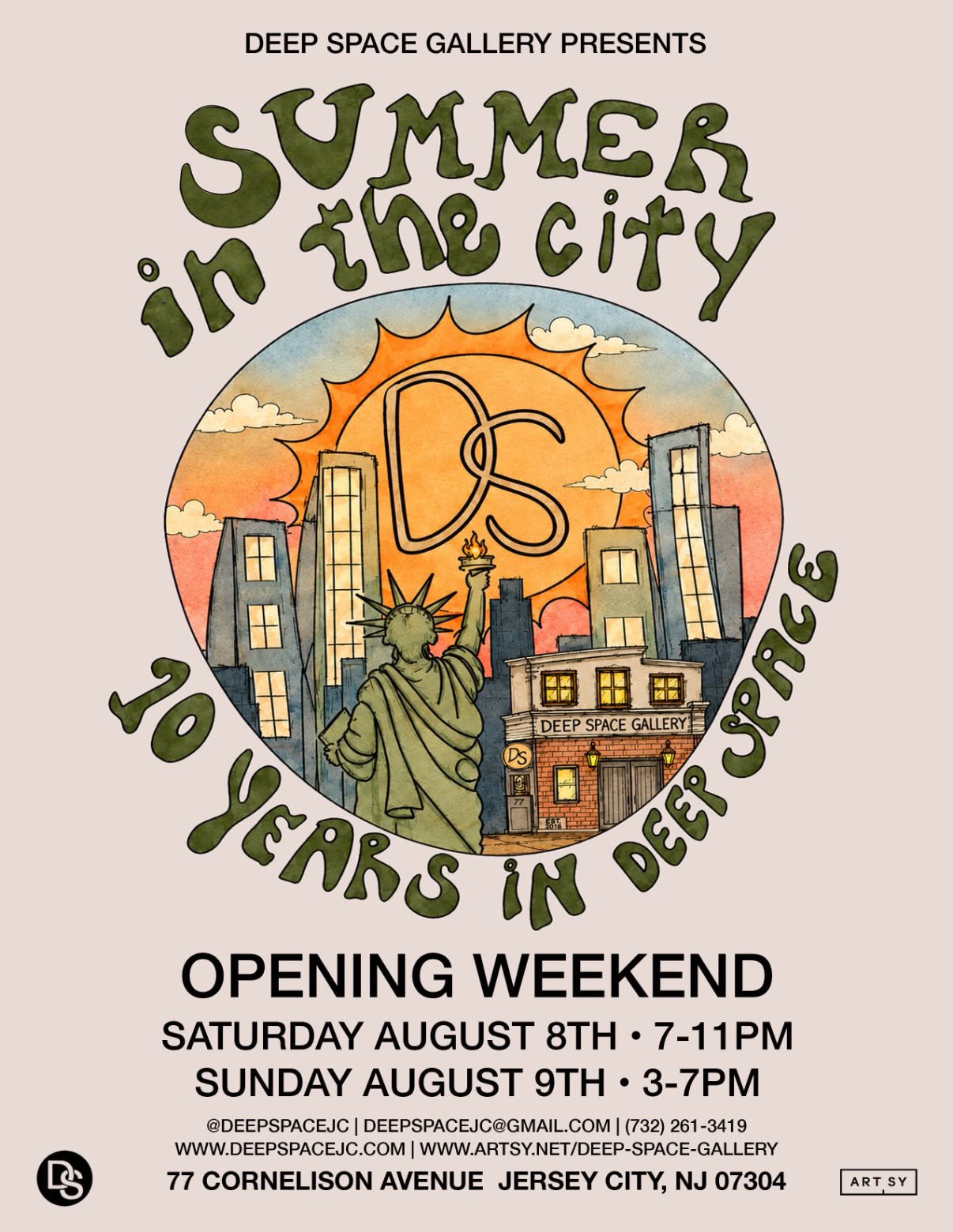 Poster for InPoster for 10 year anniversary party at Deep Space Gallery with images of industrial structures and the Statue of Liberty in the background.
