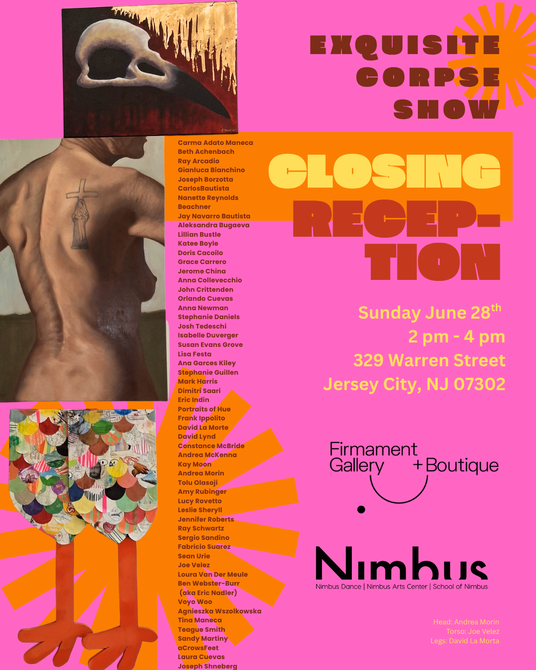Pink background poster advertising an art show titled 'Exquisite Corpse Show' featuring closing reception on Sunday, June 28, from 2 pm to 4 pm at 329 Warren Street in Jersey City, NJ. The poster includes artwork of a bird-like collage, a photograph of a back tattoo of a crucifix, a skull illustration, and the event's list of participating artists, along with the venue logo for Nimbus and Firmanent Gallery + Boutique.