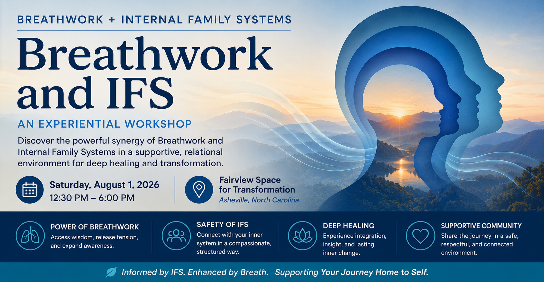 Event flyer for a workshop titled "Breathwork and IFS" happening on Saturday, August 1, 2026, from 12:30 PM to 6:00 PM at Fairview Space for Transformation in Asheville, North Carolina. The flyer features a scenic mountain and sunrise background with blue human profile silhouettes and icons representing breathwork, safety of IFS, deep healing, and supportive community.