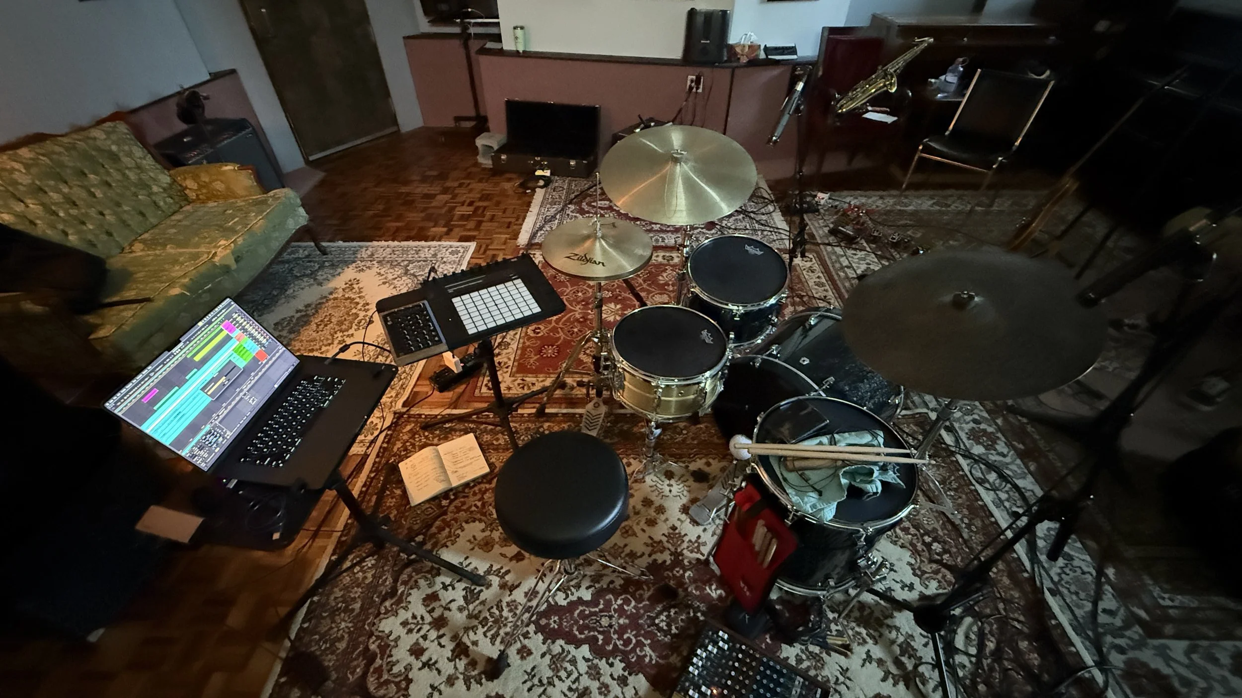 up here 11 residency at deadpan studio: my acoustic/digital setup.