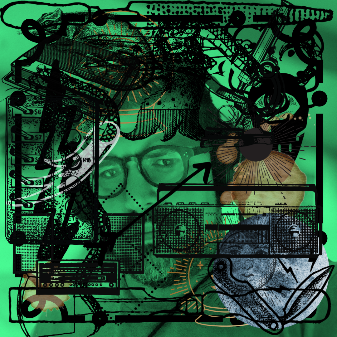 me in green covered with random png icons of woodworking tools, 2023.
