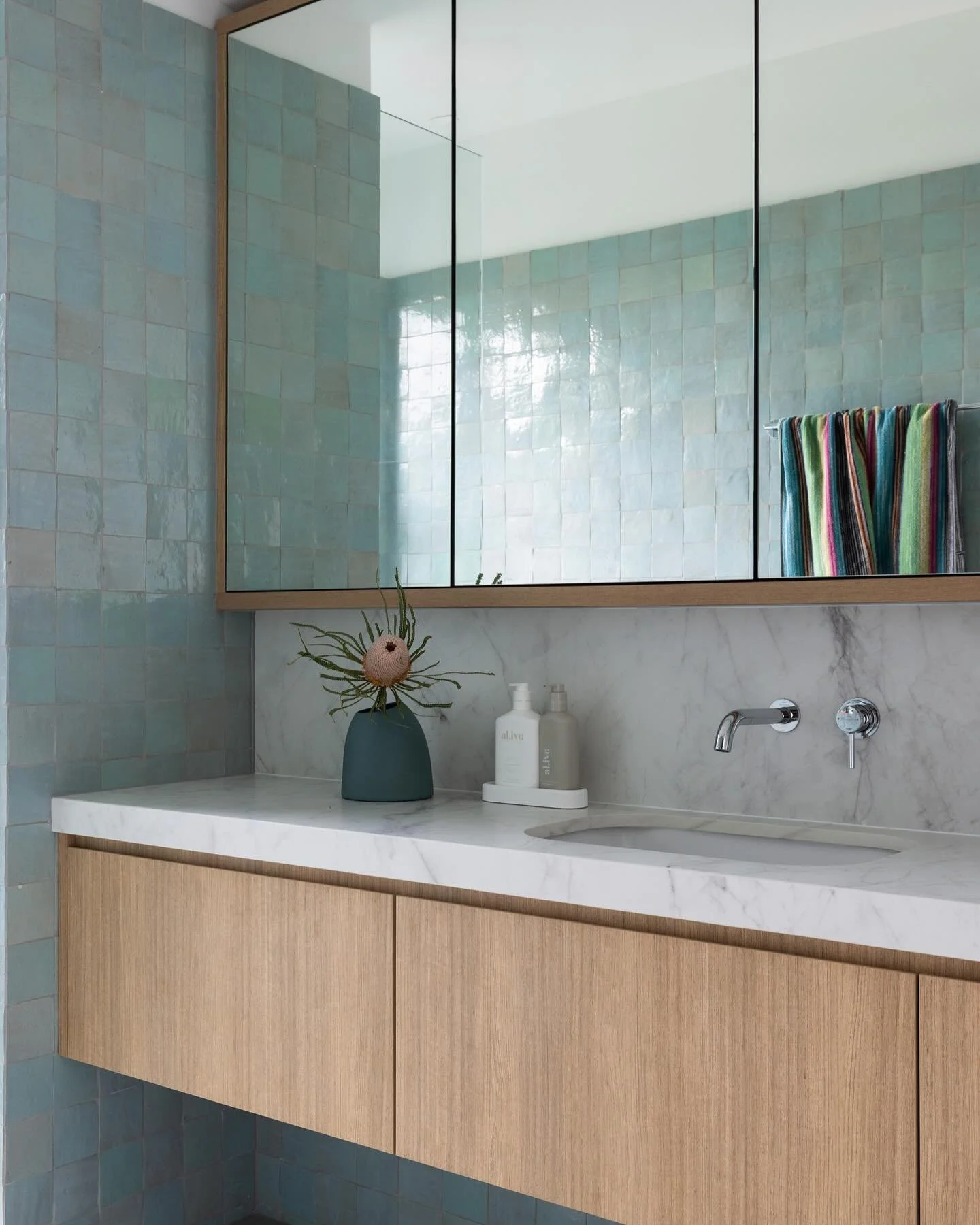 The bathrooms at our Bawley Point project deserve their own post. Pale green, deep green or pink? Which is your favourite? Tiles by @surfacegalleryaustralia Builder: Skwarko Construction Photos: @simonwhitbreadphoto #watershedarchitects
