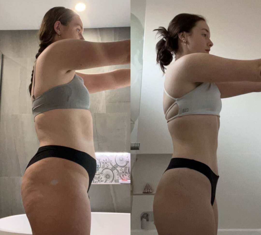 Side-by-side comparison of a woman wearing workout attire, showing a transformation in body shape.