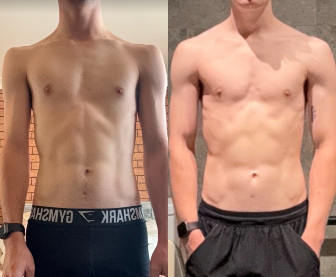Before and after photo showing a male torso with increased muscle definition.