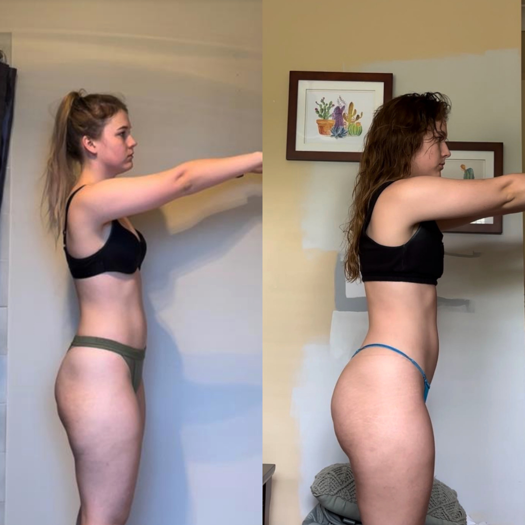 Side-by-side comparison of a woman's fitness transformation, showing changes in body tone and posture over time.