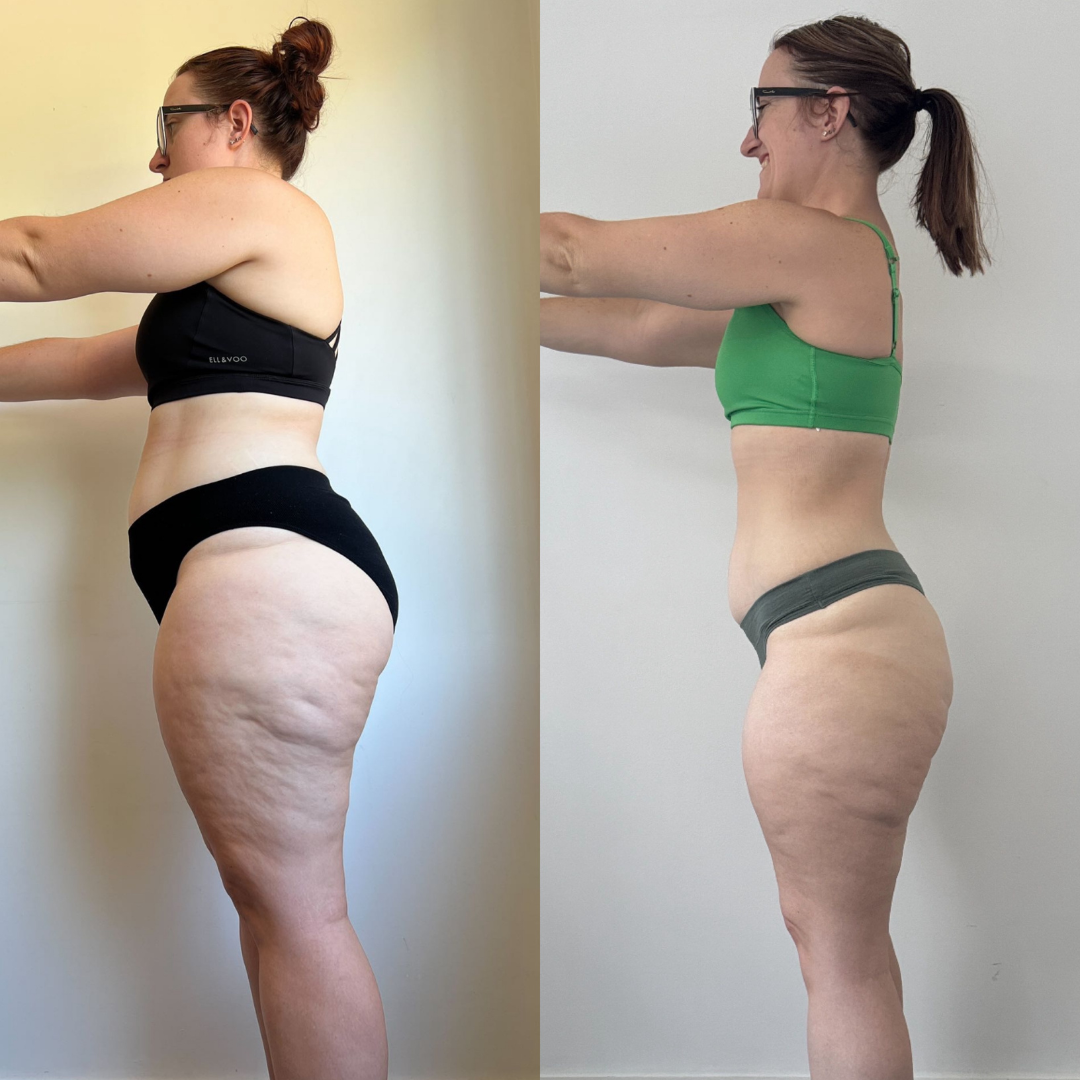Side-by-side comparison of two profile photos of a woman showing noticeable weight loss and body transformation, wearing exercise clothing.