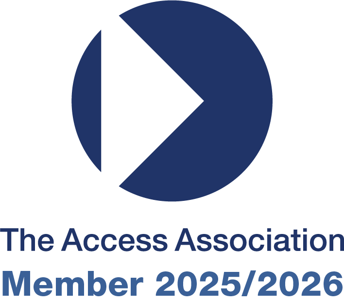 Dark blue logo which reads the access association member 2025 2026