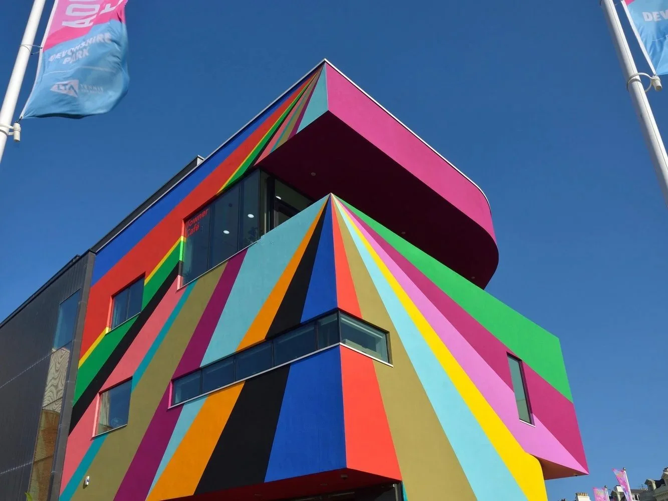 Colourful painted exterior of the Towner Art Gallery in Eastbourne by German artist Lothar Götz.