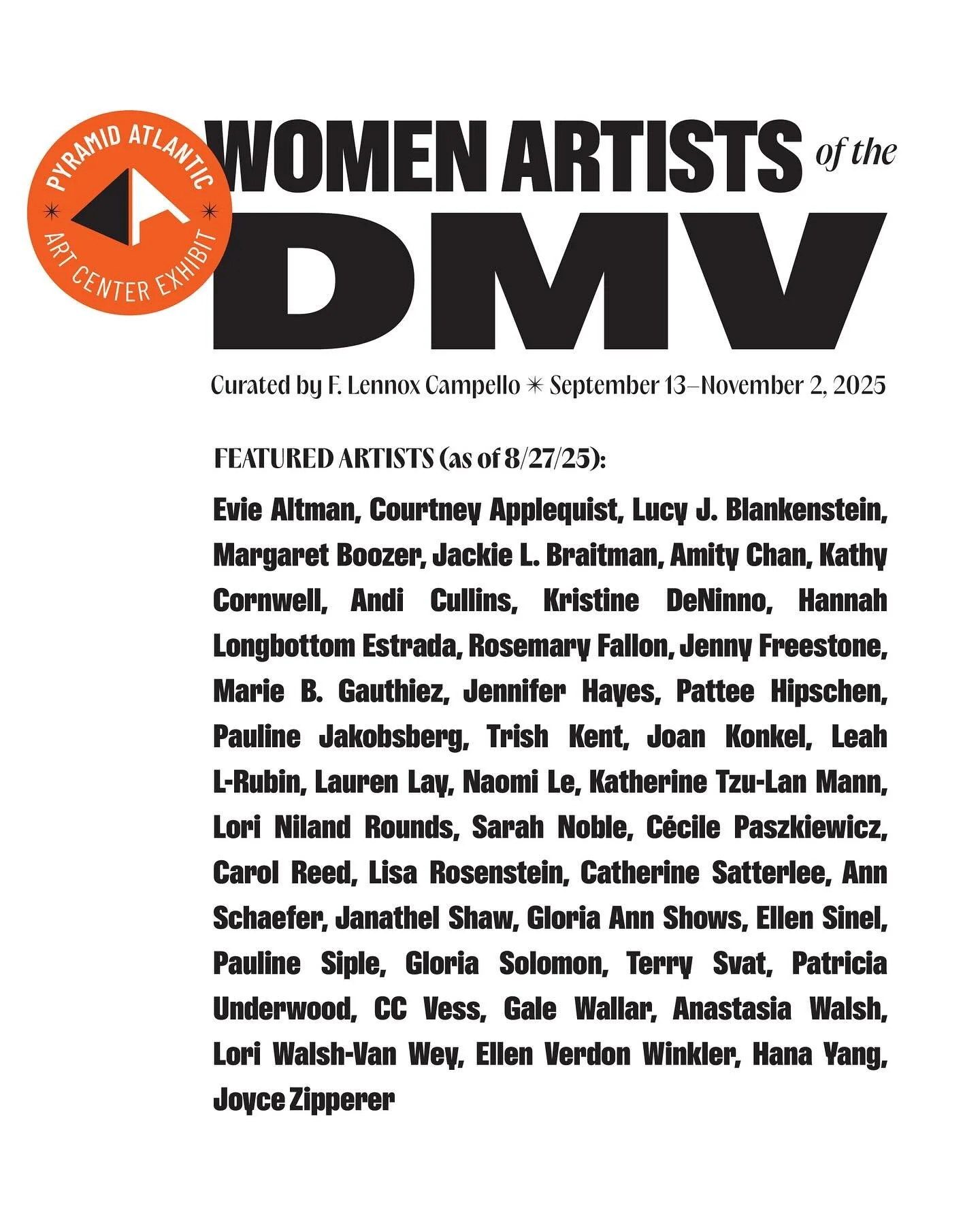 A week from tonight! I can&rsquo;t wait to attend the opening @pyramidatlantic and see that venue&rsquo;s exhibition curated by @lennycampello as part of the massive Women Artists of the DMV survey exhibition. I&rsquo;m so honored to have my work amo