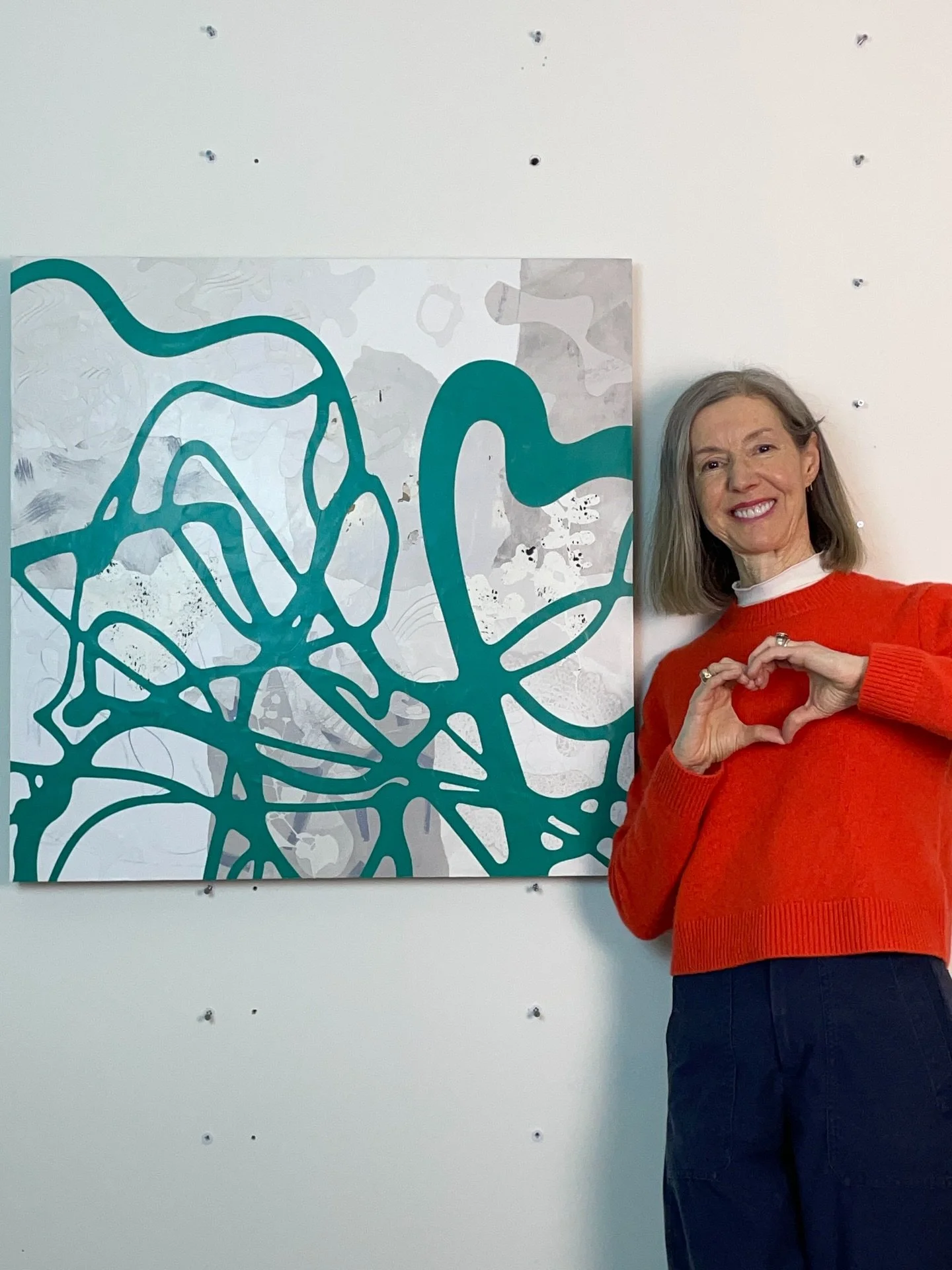 You bet I love this artwork! 🫶🏼😆😍 &ldquo;Looking for Love Again&rdquo; is a collage on panel that features a gorgeous, energetic teal gesture that has several abstract hearts in it (which inspired the name). The background hides tons of subtle sh