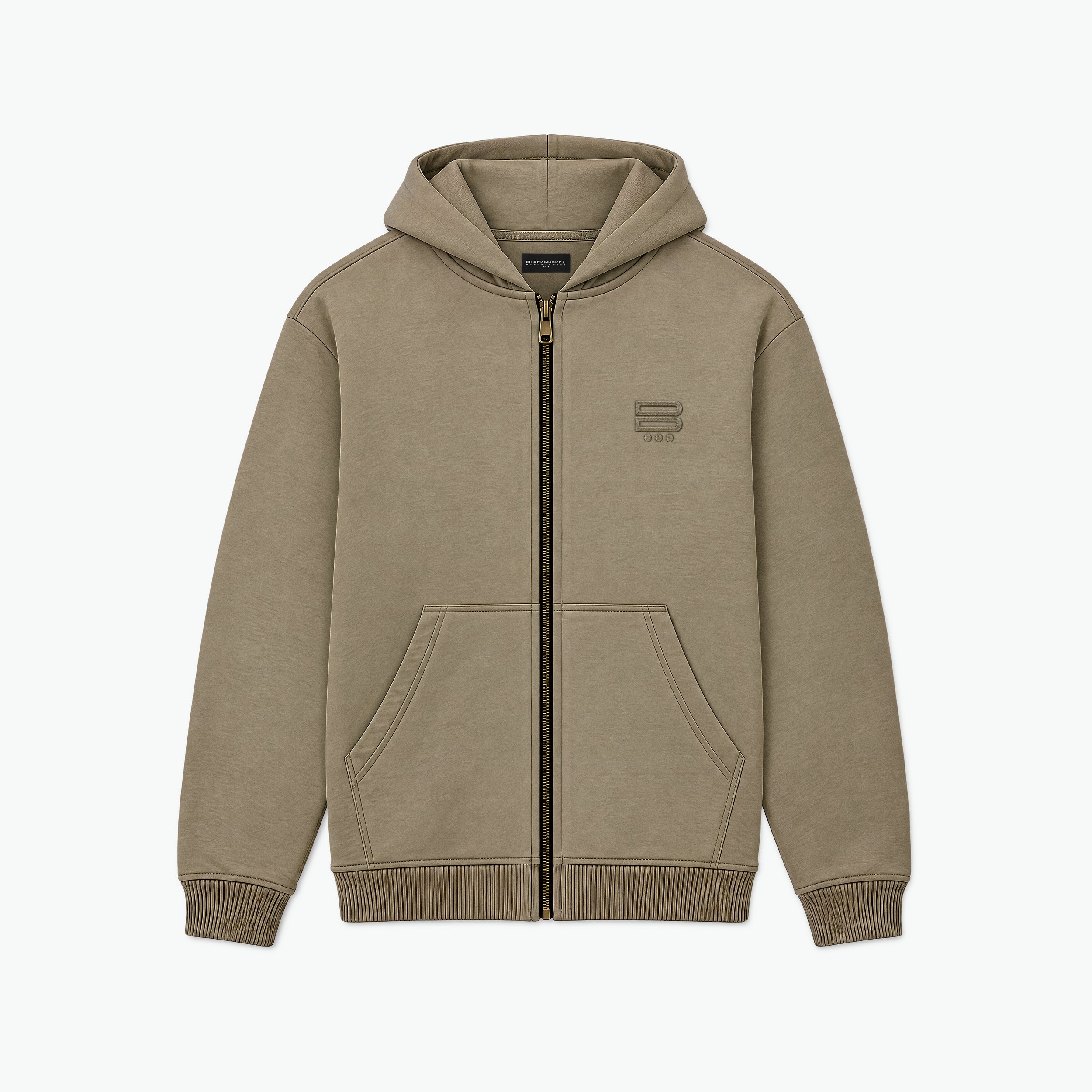 Stringless pullover hoodie with embroidered sub market.