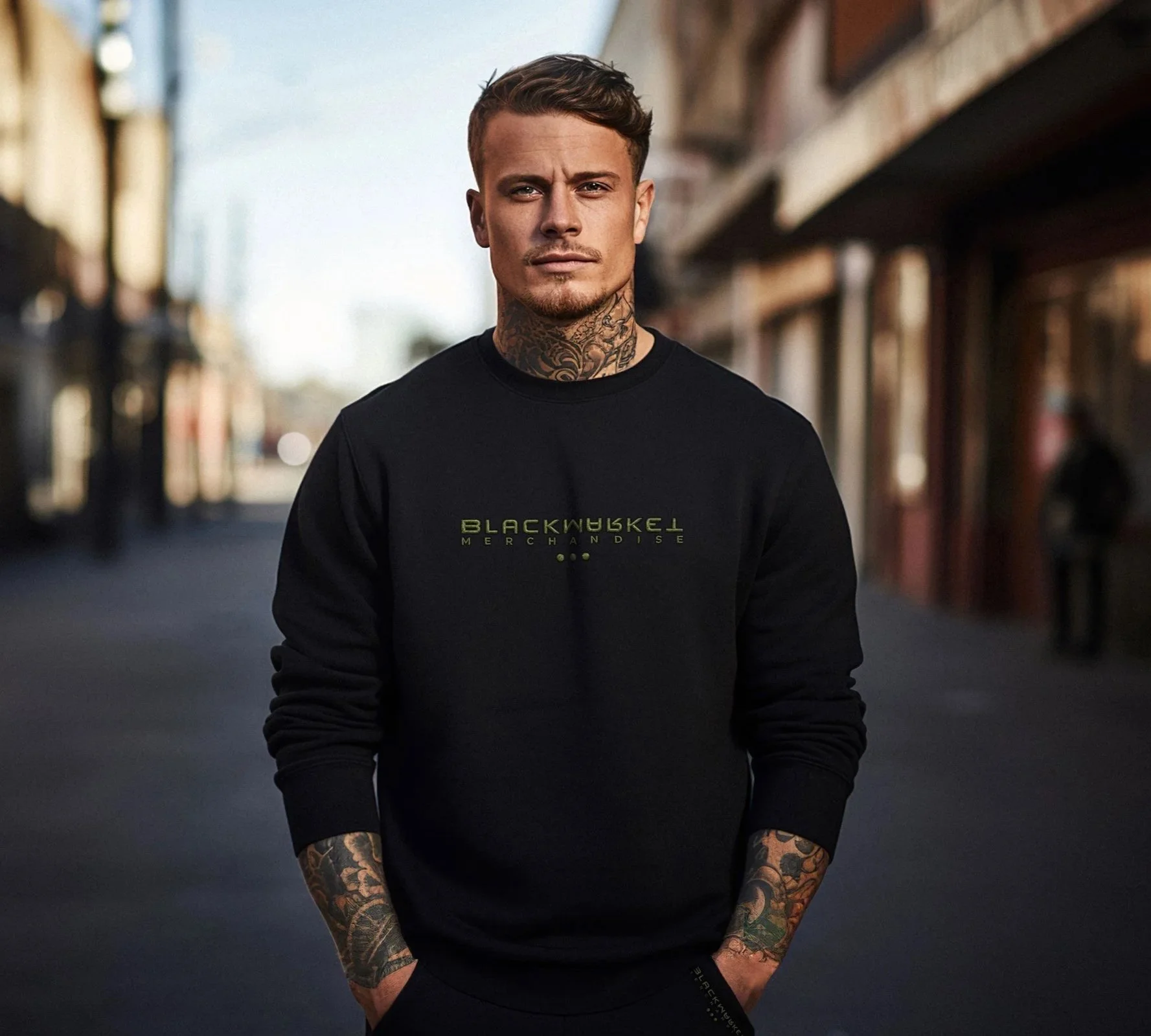 Young man with tattoos on his neck and arms, wearing a black long-sleeve shirt, standing in an urban street environment with buildings on either side, looking into the camera.