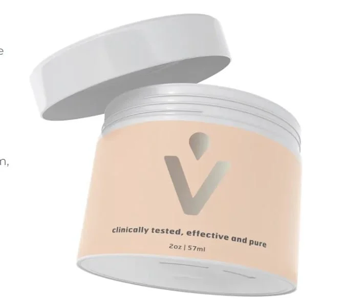 Open container of skincare cream or moisturizer with beige label and gray logo, labeled as clinically tested, effective, and pure, 2 oz (57 ml).