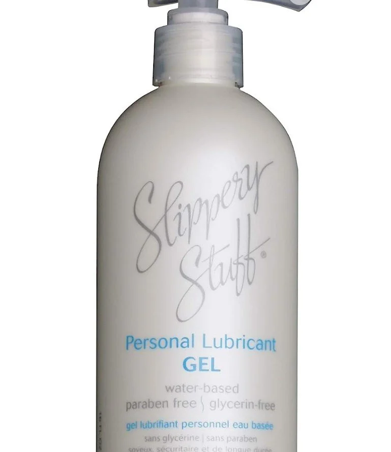 A white bottle of Slippery Stuff Personal Lubricant Gel with a pump dispenser.