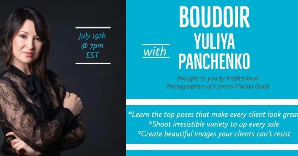Boudoir with Yuliya Panchencko on Tuesday July 19th at 7 PM. 
Members: This is included in your membership
Guests: $20
The location will be at 
Tamara Knight Photography
220 Geneva Drive
Oviedo, FL 32765
