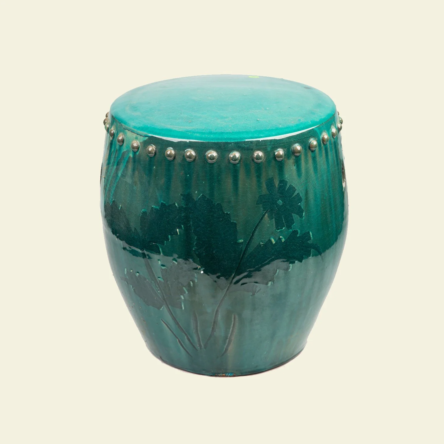 Vintage Green Large Stool with Nails.jpg
