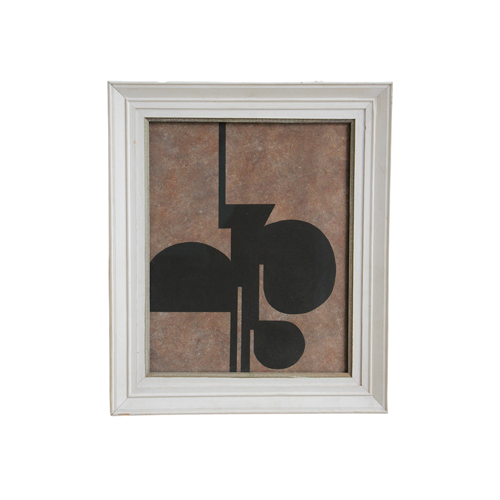 Black Ink Abstract in Vintage White Painted Wood Frame