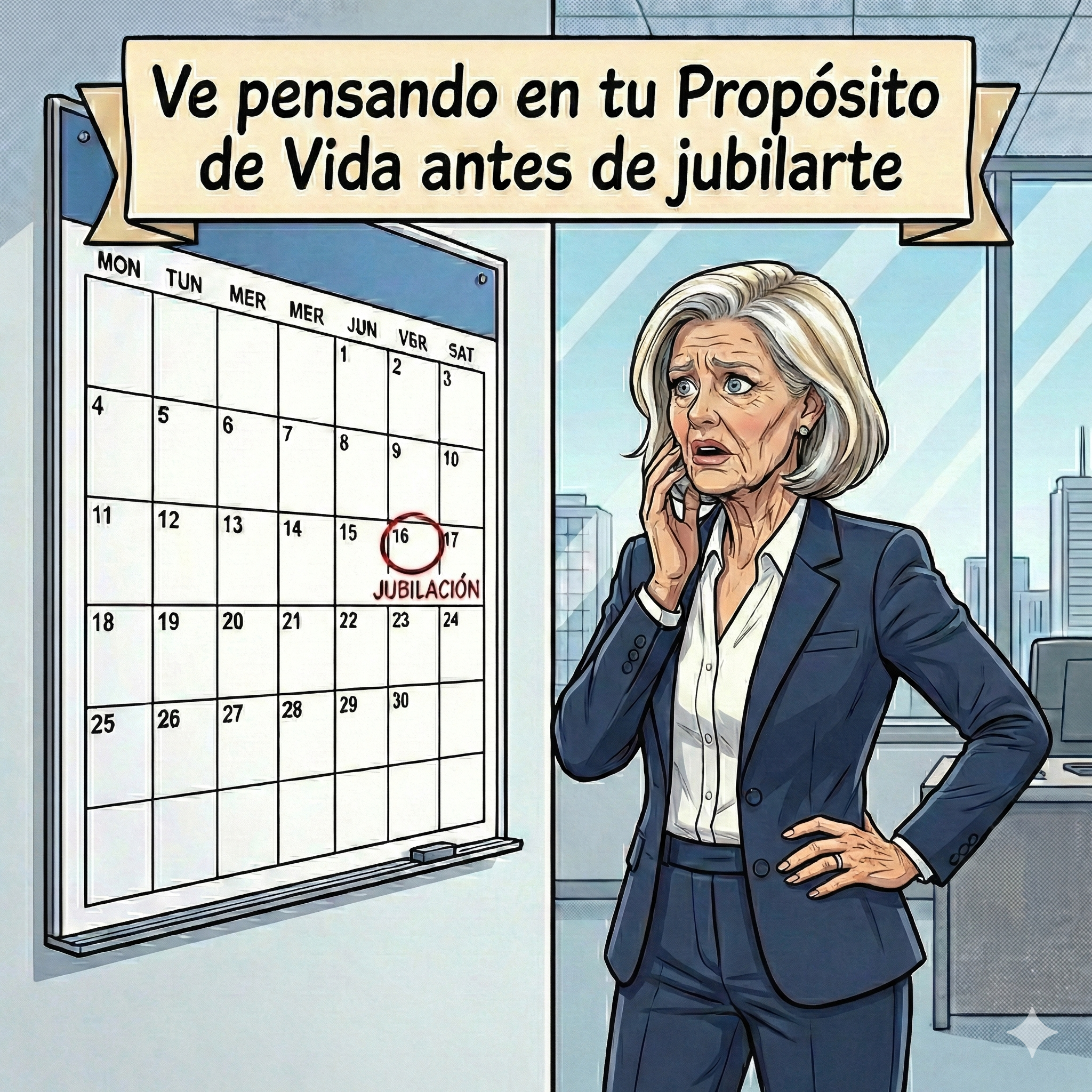 Mujer preocupada por acercarse la fecha de jubilación y no tener Propósito de Vida. Por Manu Galán para www.ManuGalan.com