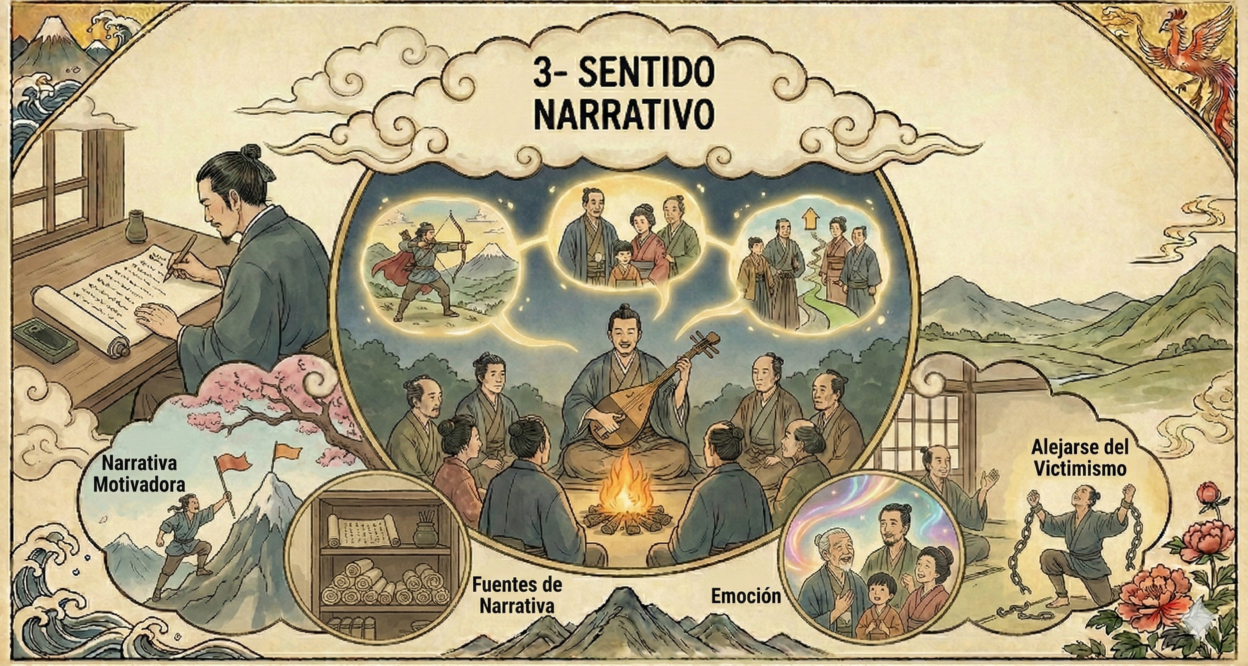 3 sentido narrativo con imagen de dibujo medieval japonés. Completo. Por Manu Galán para www.ManuGalan.com
